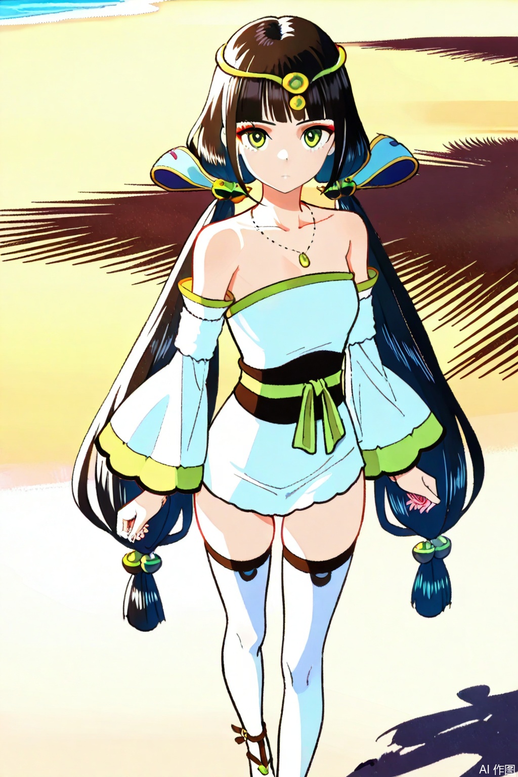 1girl, solo, green eyes,black hair, twintails,circlet, necklace,strapless dress, white dress,sash, short dress,detached sleeves,, sandals,masterpiece,best quality,official art,extremely detailed CG unity 8k wallpaper,Thigh exposed,thighhighs,looking at viewer,on the beach,on the beach,
