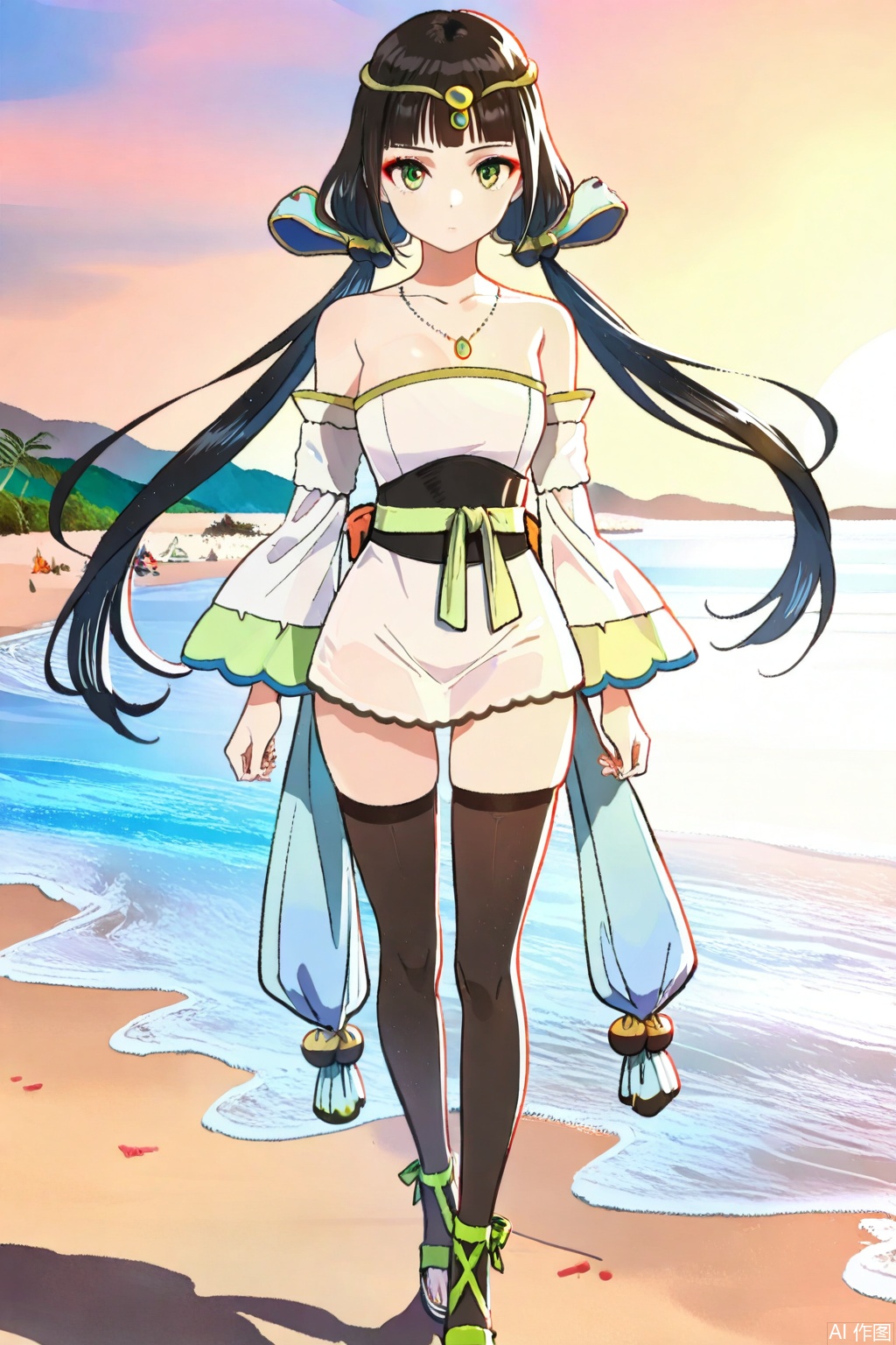 1girl, solo, green eyes,black hair, twintails,circlet, necklace,strapless dress, white dress,sash, short dress,detached sleeves,, sandals,masterpiece,best quality,official art,extremely detailed CG unity 8k wallpaper,Thigh exposed,thighhighs,looking at viewer,on the beach,on the beach,
