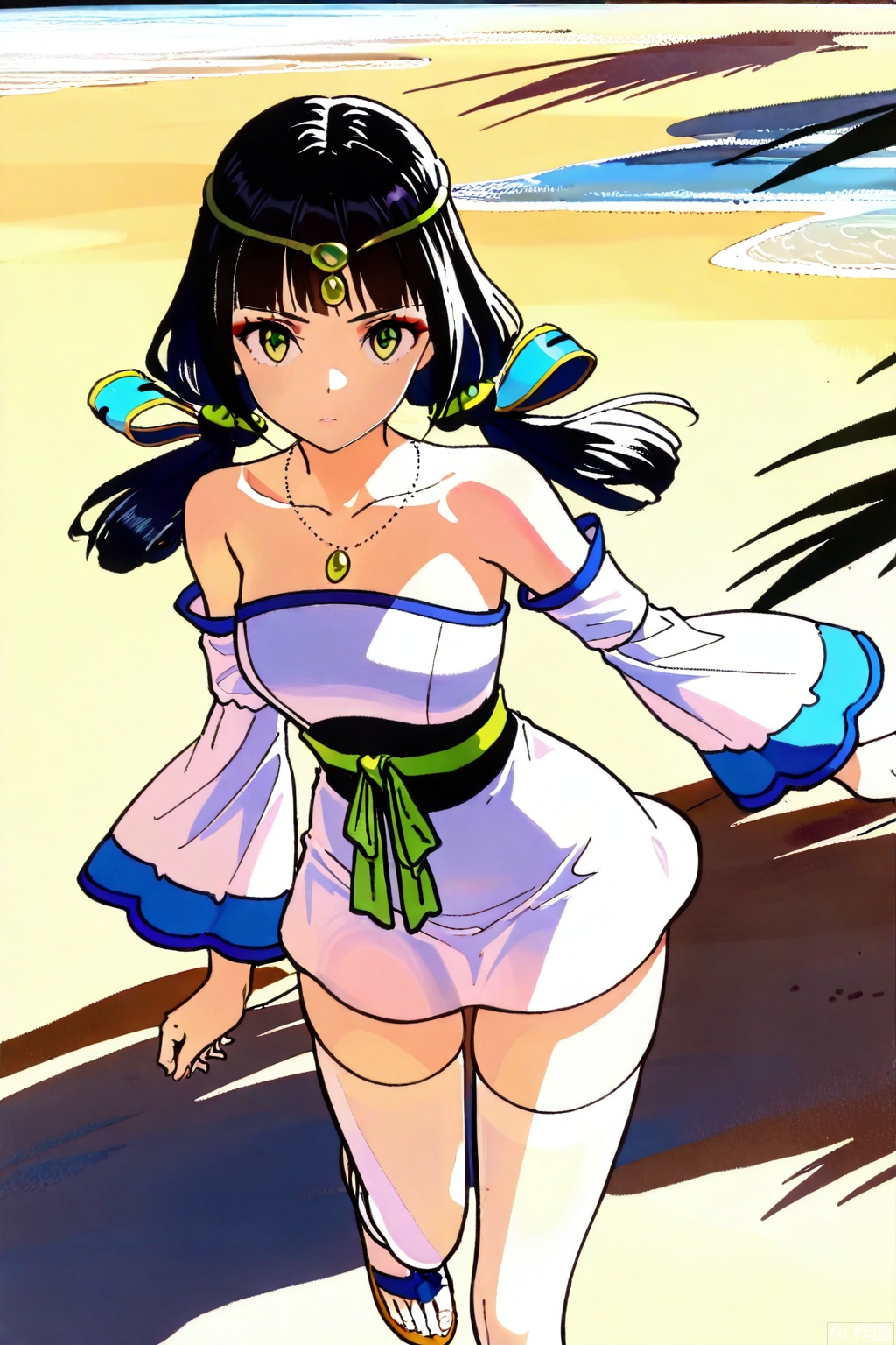 1girl, solo, green eyes,black hair, twintails,circlet, necklace,strapless dress, white dress,sash, short dress,detached sleeves,, sandals,masterpiece,best quality,official art,extremely detailed CG unity 8k wallpaper,Thigh exposed,thighhighs,looking at viewer,on the beach,on the beach,
