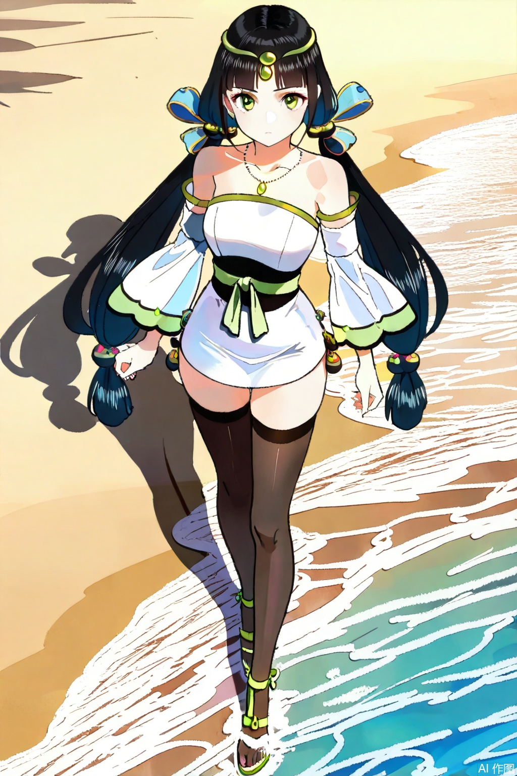1girl, solo, green eyes,black hair, twintails,circlet, necklace,strapless dress, white dress,sash, short dress,detached sleeves,, sandals,masterpiece,best quality,official art,extremely detailed CG unity 8k wallpaper,Thigh exposed,thighhighs,looking at viewer,on the beach,on the beach,
