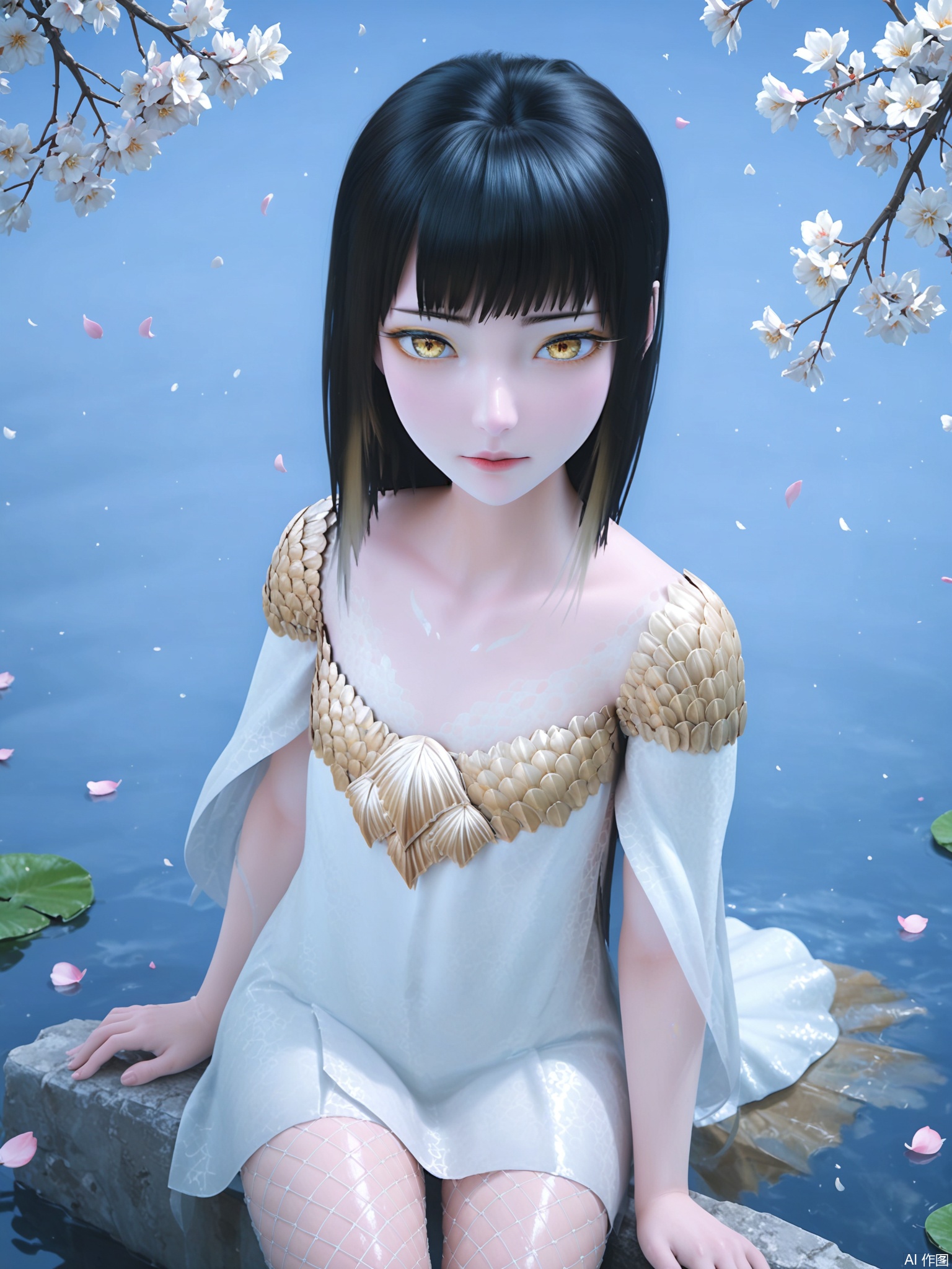 score_9,score_8_up,score_7_up,1girl,looking_at_viewer,realistic,1girl,Vivid Colors,bright environment,delicate water,hair_ornament,shiny skin,shiny hair,reflection,dress,jewelry,flower sea,falling petals,extreme detail description,(full body:0.3),put one hand on your side,long_hair,(skindentation:1.3),Fishnet stockings,bright,sunshine on face,chinese_clothes,black hair,light,sweating,(wariza:1.3),bright_pupils,yellow_eyes