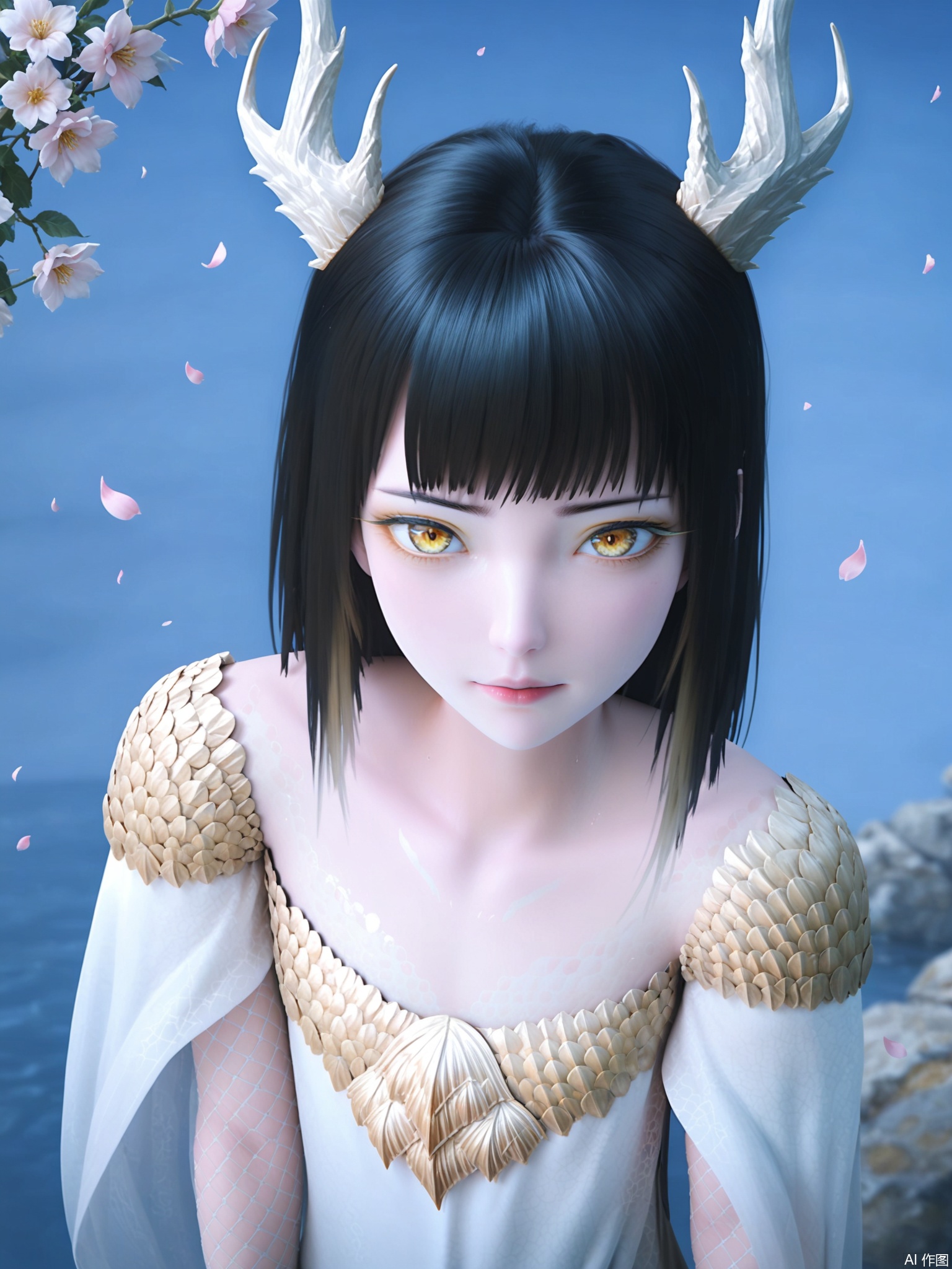 score_9,score_8_up,score_7_up,1girl,looking_at_viewer,realistic,1girl,Vivid Colors,bright environment,delicate water,hair_ornament,shiny skin,shiny hair,reflection,dress,jewelry,flower sea,falling petals,extreme detail description,(full body:0.3),put one hand on your side,long_hair,(skindentation:1.3),Fishnet stockings,bright,sunshine on face,chinese_clothes,black hair,light,sweating,(wariza:1.3),bright_pupils,yellow_eyes,horns

