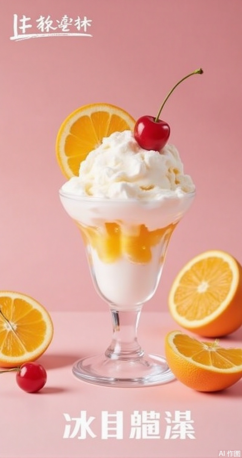 luxueqi,lvjing,xuegao,no humans,food,food focus,fruit,ice cream,orange \(fruit\),still life,orange slice,parfait,dessert,cherry,cover,gradient background,close-up details,outstanding style,adding a touch of dimension to your images without compromising details,close-up