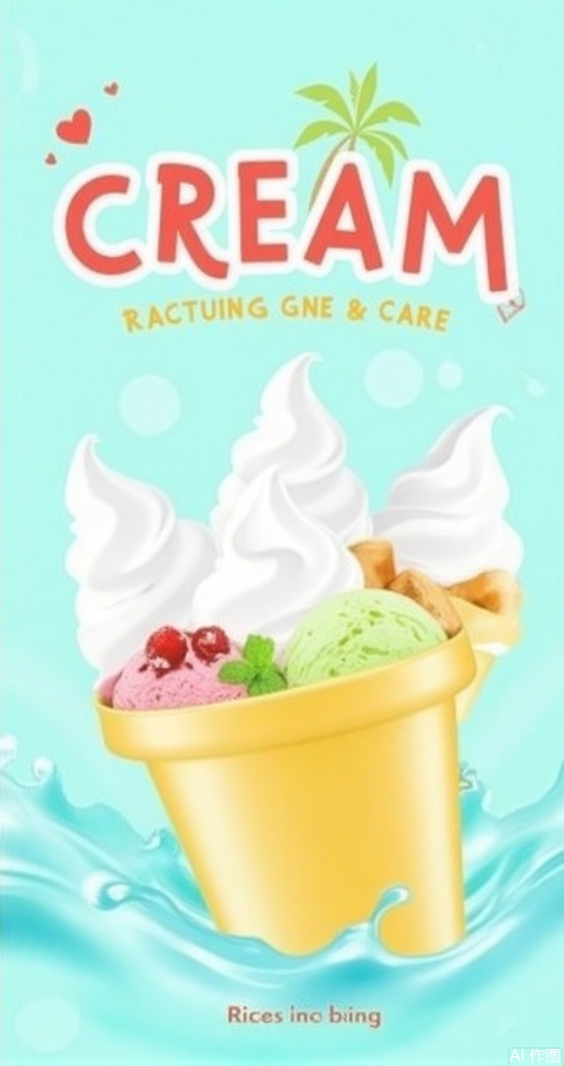 luxueqi,lvjing,xuegao,Captured in a vibrant blue-green color,a detailed illustration of ice cream scoops with a yellow container filled with ice cream in the foreground. The background is a light blue,with a few wavy waves in the background. At the top of the image,the word "CREAM" is written in a bold,red font,while the rest of the text is in a darker,yellow font. There is a red heart in the upper left corner of the frame,adding a pop of color to the otherwise monochromatic image.1,cover,gradient background,close-up details,outstanding style,adding a touch of dimension to your images without compromising details,close-up,