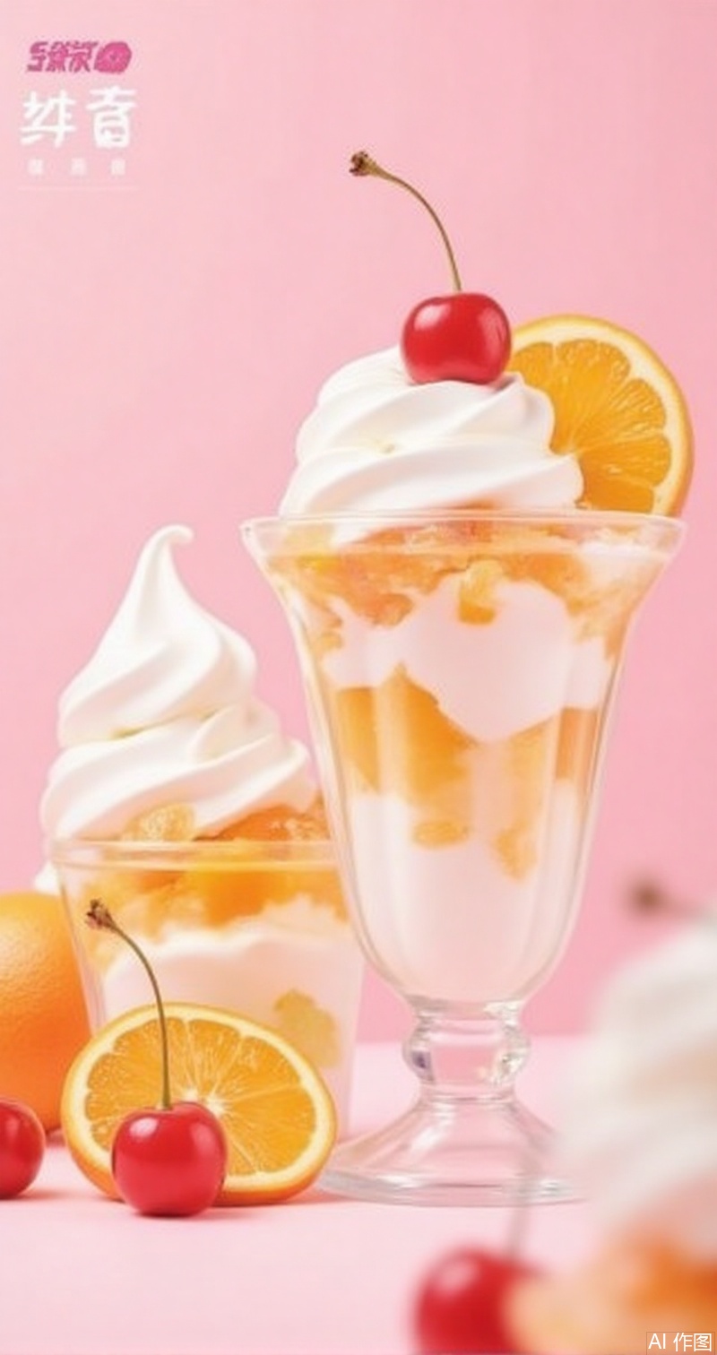 luxueqi,lvjing,xuegao,no humans,food,food focus,fruit,ice cream,orange \(fruit\),still life,orange slice,parfait,dessert,cherry,cover,gradient background,close-up details,outstanding style,adding a touch of dimension to your images without compromising details,close-up