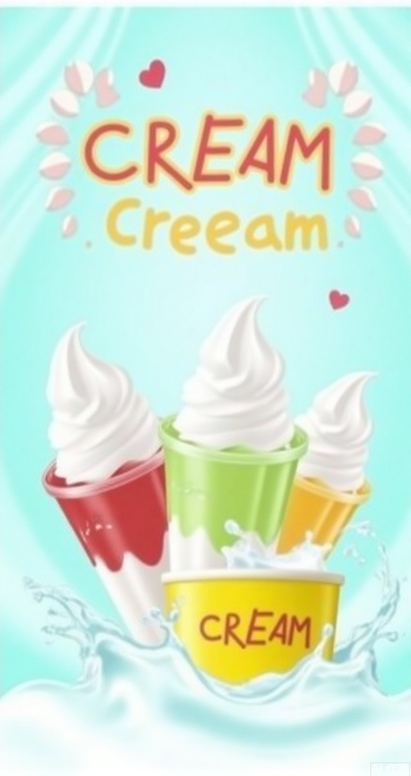 luxueqi,lvjing,xuegao,Captured in a vibrant blue-green color,a detailed illustration of ice cream scoops with a yellow container filled with ice cream in the foreground. The background is a light blue,with a few wavy waves in the background. At the top of the image,the word "CREAM" is written in a bold,red font,while the rest of the text is in a darker,yellow font. There is a red heart in the upper left corner of the frame,adding a pop of color to the otherwise monochromatic image.1,cover,gradient background,close-up details,outstanding style,adding a touch of dimension to your images without compromising details,close-up,