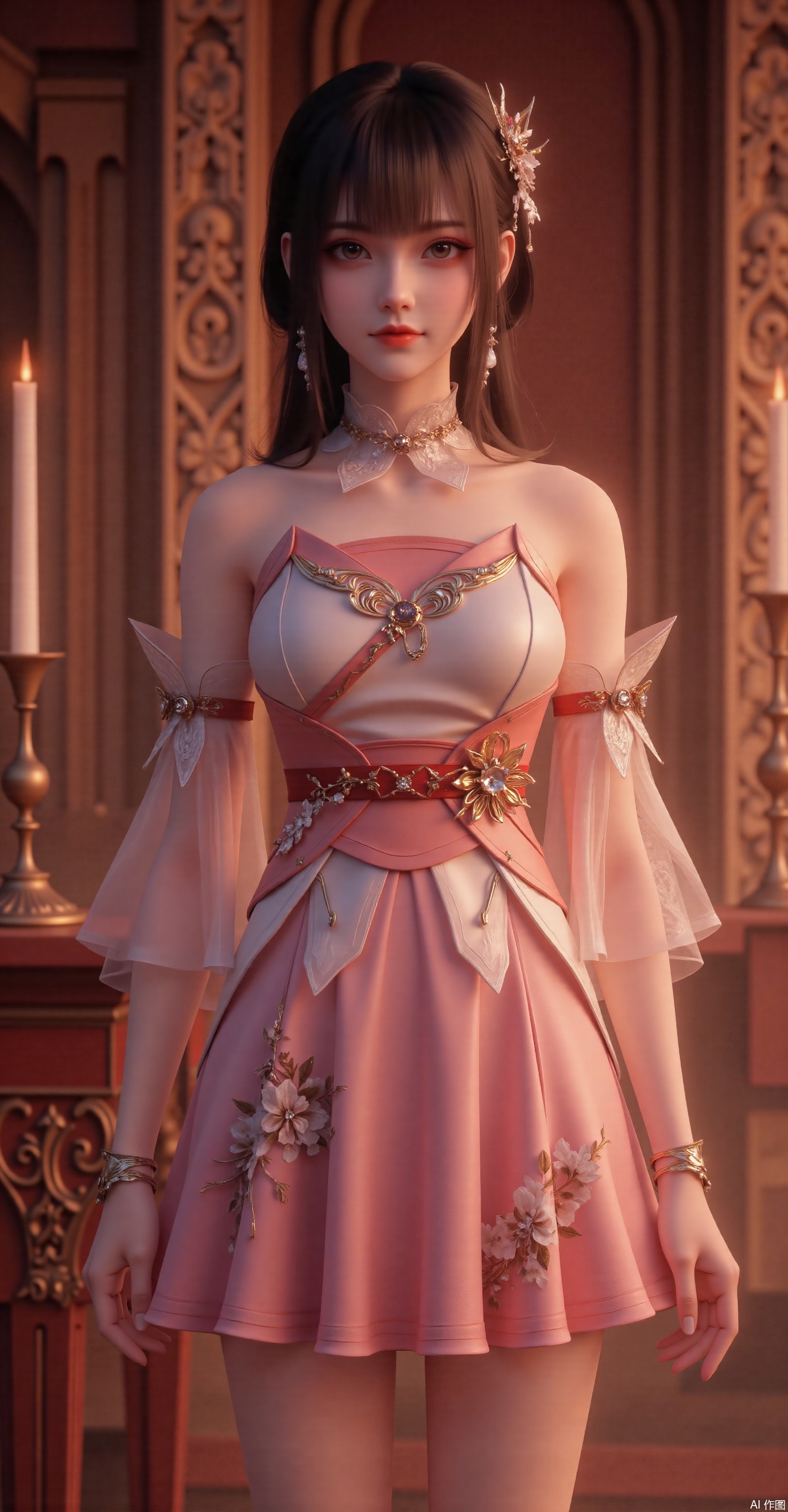 A young girl in a pink-to-white gradient short dress adorned with 3D floral embroidery and vine patterns, transparent tulle sleeves paired with spiked metal accessories, and a crimson waist sash embellished with intricate golden motifs. Delicate bracelets adorn her wrists. She stands in a warm-toned ancient chamber with Gothic-style wall carvings, where candlelight casts mysterious shadows. This highly detailed fantasy illustration features cinematic lighting, 8K resolution, and is trending on ArtStation.