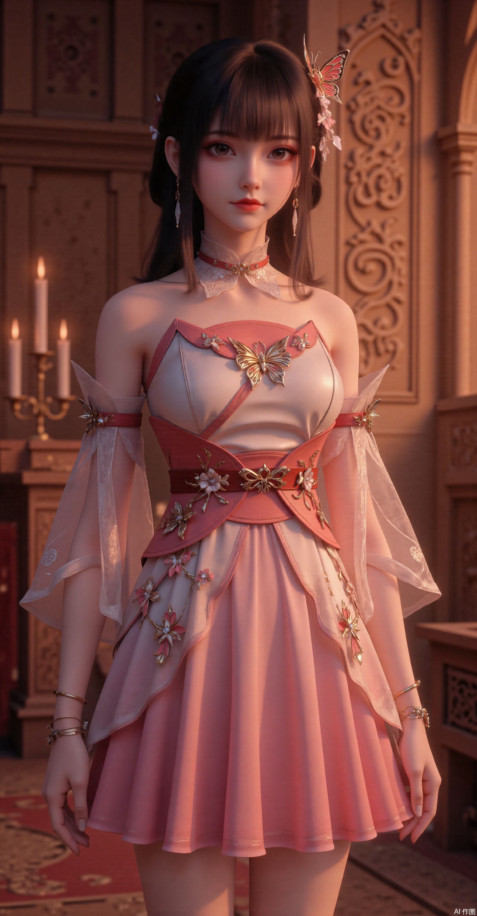 A young girl in a pink-to-white gradient short dress adorned with 3D floral embroidery and vine patterns, transparent tulle sleeves paired with spiked metal accessories, and a crimson waist sash embellished with intricate golden motifs. She wears butterfly hair ornaments and delicate bracelets on her wrists. Standing in a warm-toned ancient chamber with Gothic-style wall carvings, mysterious shadows are cast by candlelight. This highly detailed fantasy illustration features cinematic lighting, 8K resolution, and is trending on ArtStation.
