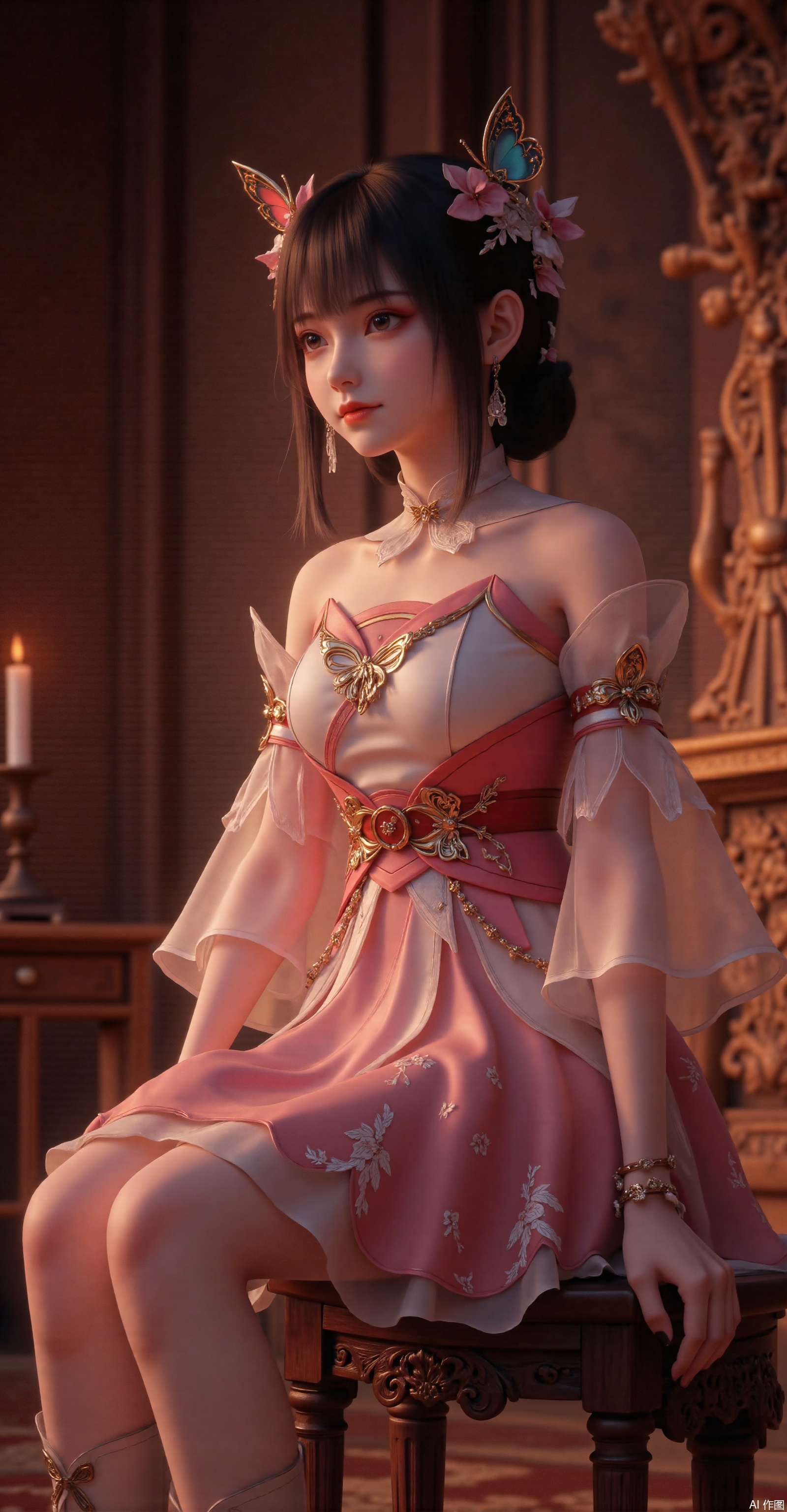 A young girl in a pink-to-white gradient short dress adorned with 3D floral embroidery and vine patterns, transparent tulle sleeves paired with spiked metal accessories, and a crimson waist sash embellished with intricate golden motifs. She wears butterfly hair ornaments and delicate bracelets on her wrists. Sitting on a stool in a warm-toned ancient chamber, she reveals her legs in boots, with Gothic-style carvings on the walls and mysterious shadows cast by candlelight. This highly detailed fantasy illustration features cinematic lighting, 8K resolution, and is trending on ArtStation.