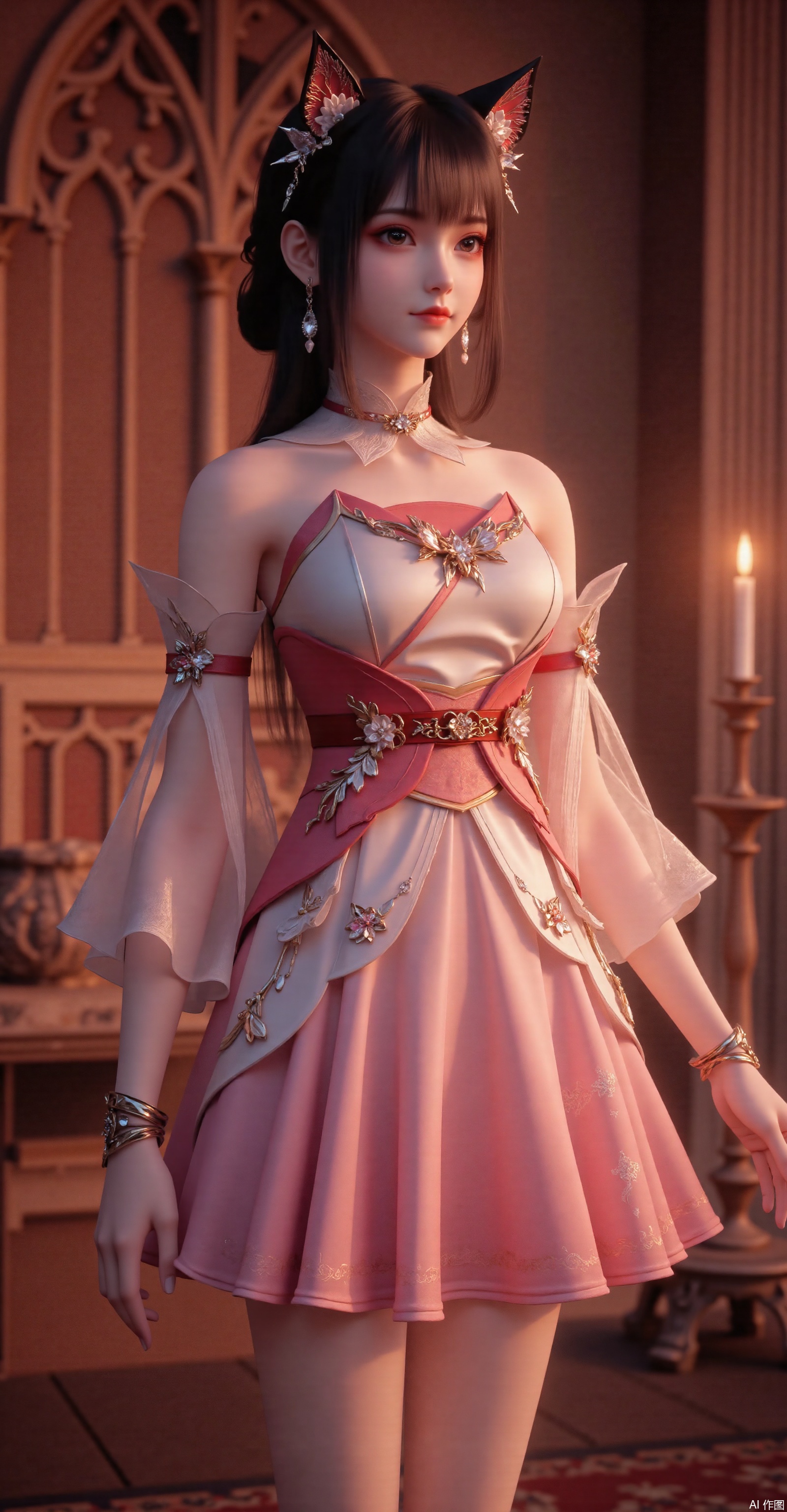 "A young girl in a gradient pink-to-white short dress adorned with 3D floral embroidery and vine patterns, transparent tulle sleeves with spiked metallic accessories, a crimson waist sash embellished with intricate golden motifs. Delicate bracelets on wrists, cat-ear hairpins for playful charm. Standing in a warm-toned ancient chamber featuring Gothic-style wall carvings, candlelight casting mysterious shadows. Highly detailed fantasy illustration, cinematic lighting, 8K resolution, trending on ArtStation."