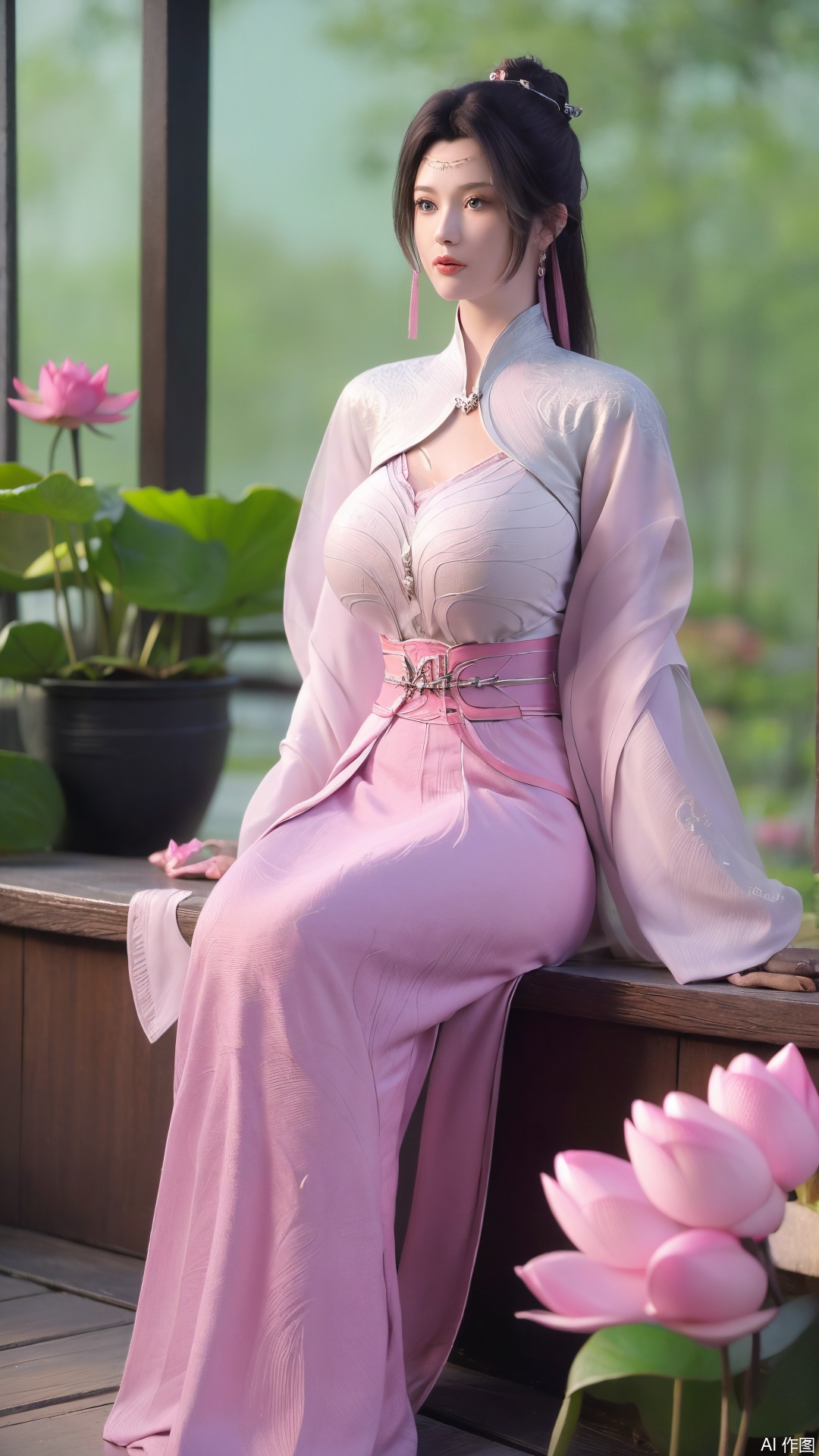  (1girl:1.1), (Lace pink-green skirt:1.39), on Stomach,aqua_earrings,Lights, lanterns, chang,(big breasts:1.56),hanfu, Best quality, Realistic, photorealistic, masterpiece, extremely detailed CG unity 8k wallpaper, best illumination, best shadow, huge filesize ,(huge breasts:1.59) incredibly absurdres, absurdres, looking at viewer, transparent, smog, gauze, vase, petals, room, ancient Chinese style, detailed background, wide shot background,
(((black hair))),(Sitting on the lotus pond porch:1.49) ,(A pond full of pink lotus flowers:1.5),close up of 1girl,Hairpins,hair ornament,hair wings,slim,narrow waist,perfect eyes,beautiful perfect face,pleasant smile,perfect female figure,detailed skin,charming,alluring,seductive,erotic,enchanting,delicate pattern,detailed complex and rich exquisite clothing detail,delicate intricate fabrics,
Morning Serenade In the gentle morning glow, (a woman in a pink lotus-patterned Hanfu stands in an indoor courtyard:1.36),(Chinese traditional dragon and phoenix embroidered Hanfu:1.3), admiring the tranquil garden scenery. The lotus-patterned Hanfu, embellished with silver-thread embroidery, is softly illuminated by the morning light. The light mint green Hanfu imparts a sense of calm and freshness, adorned with delicate lotus patterns, with a blurred background to enhance the peaceful atmosphere, song_hanfu, tang_hanfu,Xtianhuxiaobai,XyunyunXYK