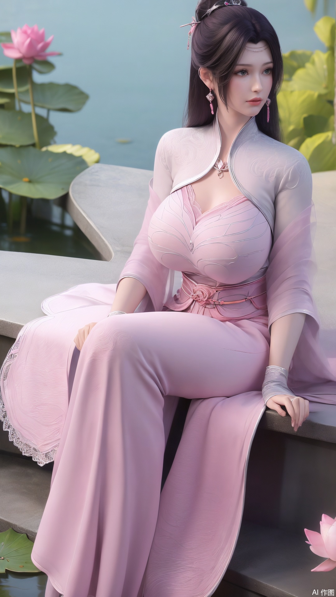  (1girl:1.1), (Lace pink-green skirt:1.39), on Stomach,aqua_earrings,Lights, lanterns, chang,(big breasts:1.56),hanfu, Best quality, Realistic, photorealistic, masterpiece, extremely detailed CG unity 8k wallpaper, best illumination, best shadow, huge filesize ,(huge breasts:1.59) incredibly absurdres, absurdres, looking at viewer, transparent, smog, gauze, vase, petals, room, ancient Chinese style, detailed background, wide shot background,
(((black hair))),(Sitting on the lotus pond porch:1.49) ,(A pond full of pink lotus flowers:1.5),close up of 1girl,Hairpins,hair ornament,hair wings,slim,narrow waist,perfect eyes,beautiful perfect face,pleasant smile,perfect female figure,detailed skin,charming,alluring,seductive,erotic,enchanting,delicate pattern,detailed complex and rich exquisite clothing detail,delicate intricate fabrics,
Morning Serenade In the gentle morning glow, (a woman in a pink lotus-patterned Hanfu stands in an indoor courtyard:1.36),(Chinese traditional dragon and phoenix embroidered Hanfu:1.3), admiring the tranquil garden scenery. The lotus-patterned Hanfu, embellished with silver-thread embroidery, is softly illuminated by the morning light. The light mint green Hanfu imparts a sense of calm and freshness, adorned with delicate lotus patterns, with a blurred background to enhance the peaceful atmosphere, song_hanfu, tang_hanfu,Xtianhuxiaobai,XyunyunXYK