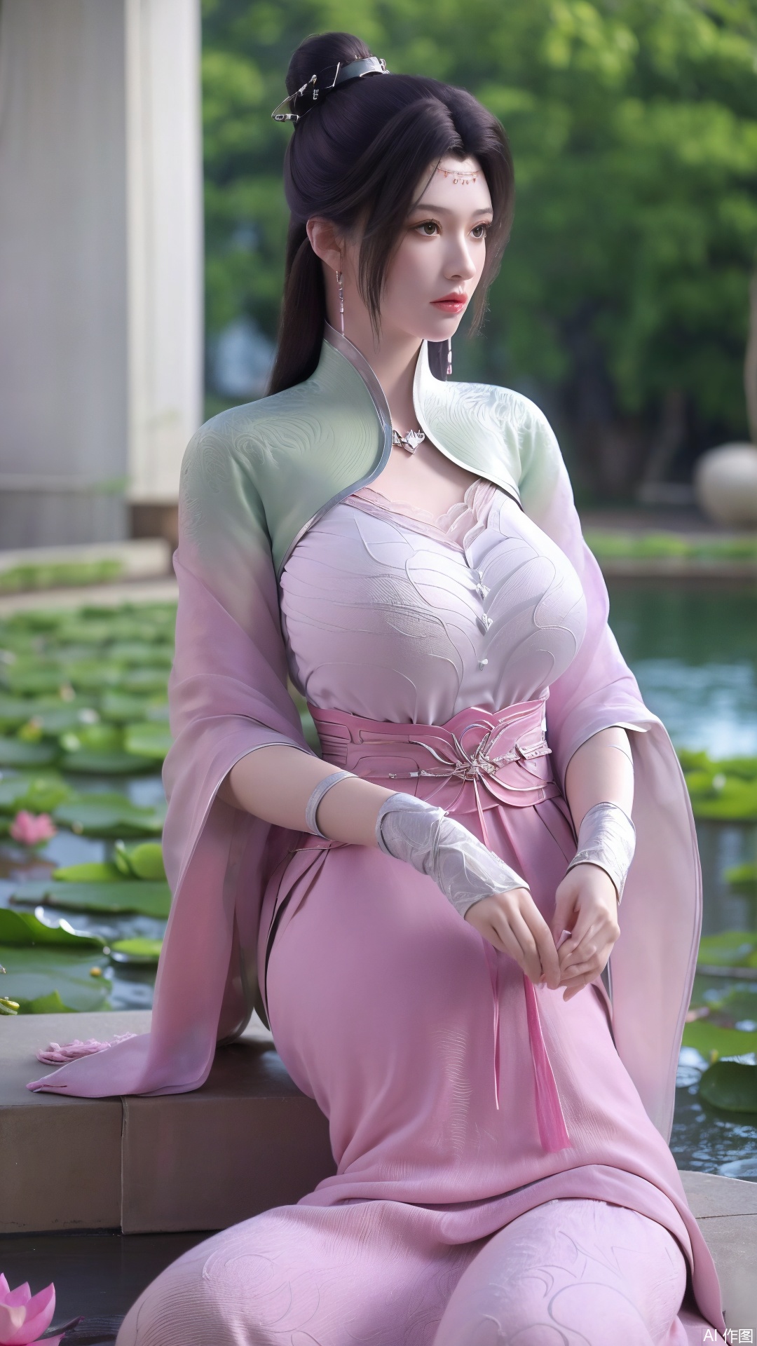   (masterpiece, best quality:1.2),(1girl:1.1), (Lace pink-green skirt:1.39), on Stomach,aqua_earrings,Lights, lanterns, chang,(big breasts:1.56),hanfu, Best quality, Realistic, photorealistic, masterpiece, extremely detailed CG unity 8k wallpaper, best illumination, best shadow, huge filesize ,(huge breasts:1.59) incredibly absurdres, absurdres, looking at viewer, transparent, smog, gauze, vase, petals, room, ancient Chinese style, detailed background, wide shot background,
(((black hair))),(Sitting on the lotus pond porch:1.49) ,(A pond full of pink lotus flowers:1.5),close up of 1girl,Hairpins,hair ornament,hair wings,slim,narrow waist,perfect eyes,beautiful perfect face,pleasant smile,perfect female figure,detailed skin,charming,alluring,seductive,erotic,enchanting,delicate pattern,detailed complex and rich exquisite clothing detail,delicate intricate fabrics,
Morning Serenade In the gentle morning glow, (a woman in a pink lotus-patterned Hanfu stands in an indoor courtyard:1.36),(Chinese traditional dragon and phoenix embroidered Hanfu:1.3), admiring the tranquil garden scenery. The lotus-patterned Hanfu, embellished with silver-thread embroidery, is softly illuminated by the morning light. The light mint green Hanfu imparts a sense of calm and freshness, adorned with delicate lotus patterns, with a blurred background to enhance the peaceful atmosphere, song_hanfu, tang_hanfu,Xtianhuxiaobai,XyunyunXYK