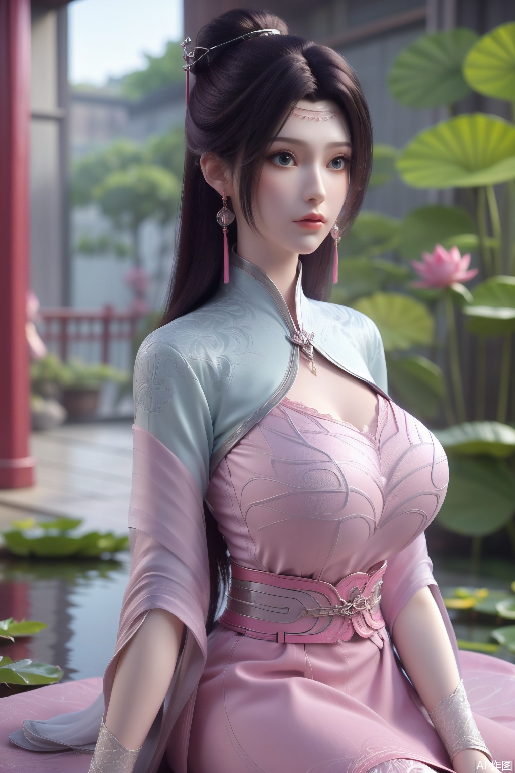  (1girl:1.1), (Lace pink-green skirt:1.39), on Stomach,aqua_earrings,Lights, lanterns, chang,(big breasts:1.56),hanfu, Best quality, Realistic, photorealistic, masterpiece, extremely detailed CG unity 8k wallpaper, best illumination, best shadow, huge filesize ,(huge breasts:1.59) incredibly absurdres, absurdres, looking at viewer, transparent, smog, gauze, vase, petals, room, ancient Chinese style, detailed background, wide shot background,
(((black hair))),(Sitting on the lotus pond porch:1.49) ,(A pond full of pink lotus flowers:1.5),close up of 1girl,Hairpins,hair ornament,hair wings,slim,narrow waist,perfect eyes,beautiful perfect face,pleasant smile,perfect female figure,detailed skin,charming,alluring,seductive,erotic,enchanting,delicate pattern,detailed complex and rich exquisite clothing detail,delicate intricate fabrics,
Morning Serenade In the gentle morning glow, (a woman in a pink lotus-patterned Hanfu stands in an indoor courtyard:1.36),(Chinese traditional dragon and phoenix embroidered Hanfu:1.3), admiring the tranquil garden scenery. The lotus-patterned Hanfu, embellished with silver-thread embroidery, is softly illuminated by the morning light. The light mint green Hanfu imparts a sense of calm and freshness, adorned with delicate lotus patterns, with a blurred background to enhance the peaceful atmosphere, song_hanfu, tang_hanfu,Xtianhuxiaobai,XyunyunXYK
