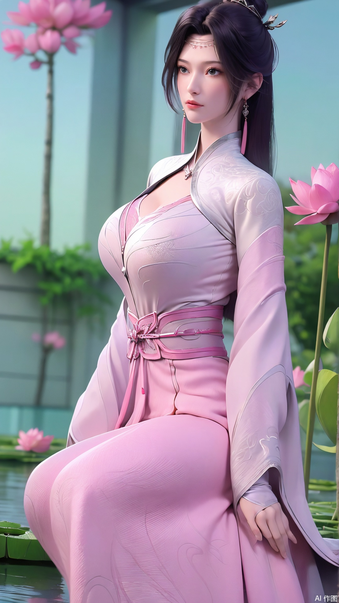  (1girl:1.1), (Lace pink-green skirt:1.39), on Stomach,aqua_earrings,Lights, lanterns, chang,(big breasts:1.56),hanfu, Best quality, Realistic, photorealistic, masterpiece, extremely detailed CG unity 8k wallpaper, best illumination, best shadow, huge filesize ,(huge breasts:1.59) incredibly absurdres, absurdres, looking at viewer, transparent, smog, gauze, vase, petals, room, ancient Chinese style, detailed background, wide shot background,
(((black hair))),(Sitting on the lotus pond porch:1.49) ,(A pond full of pink lotus flowers:1.5),close up of 1girl,Hairpins,hair ornament,hair wings,slim,narrow waist,perfect eyes,beautiful perfect face,pleasant smile,perfect female figure,detailed skin,charming,alluring,seductive,erotic,enchanting,delicate pattern,detailed complex and rich exquisite clothing detail,delicate intricate fabrics,
Morning Serenade In the gentle morning glow, (a woman in a pink lotus-patterned Hanfu stands in an indoor courtyard:1.36),(Chinese traditional dragon and phoenix embroidered Hanfu:1.3), admiring the tranquil garden scenery. The lotus-patterned Hanfu, embellished with silver-thread embroidery, is softly illuminated by the morning light. The light mint green Hanfu imparts a sense of calm and freshness, adorned with delicate lotus patterns, with a blurred background to enhance the peaceful atmosphere, song_hanfu, tang_hanfu,Xtianhuxiaobai,XyunyunXYK