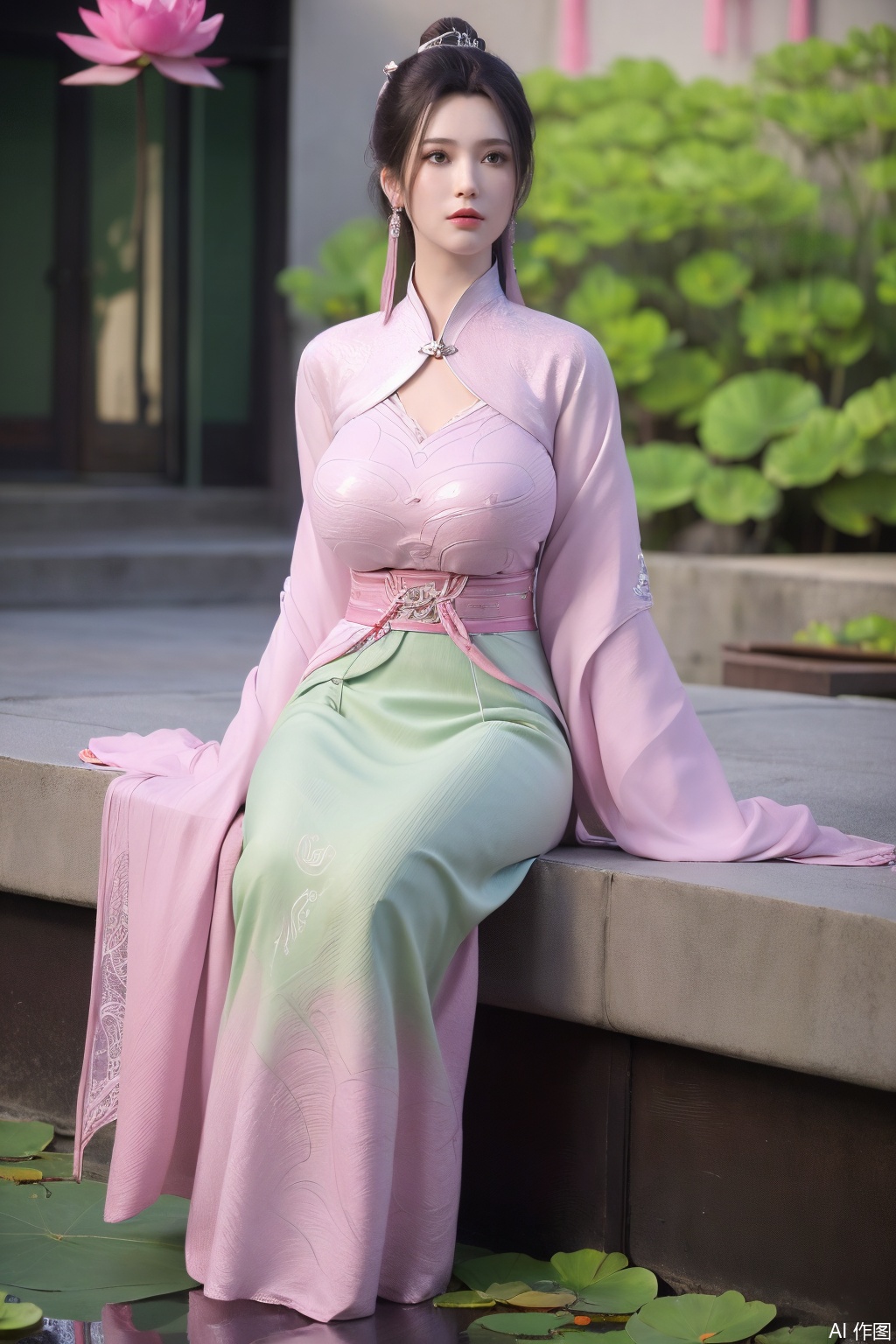  (1girl:1.1), (Lace pink-green skirt:1.39), on Stomach,aqua_earrings,Lights, lanterns, chang,(big breasts:1.56),hanfu, Best quality, Realistic, photorealistic, masterpiece, extremely detailed CG unity 8k wallpaper, best illumination, best shadow, huge filesize ,(huge breasts:1.59) incredibly absurdres, absurdres, looking at viewer, transparent, smog, gauze, vase, petals, room, ancient Chinese style, detailed background, wide shot background,
(((black hair))),(Sitting on the lotus pond porch:1.49) ,(A pond full of pink lotus flowers:1.5),close up of 1girl,Hairpins,hair ornament,hair wings,slim,narrow waist,perfect eyes,beautiful perfect face,pleasant smile,perfect female figure,detailed skin,charming,alluring,seductive,erotic,enchanting,delicate pattern,detailed complex and rich exquisite clothing detail,delicate intricate fabrics,
Morning Serenade In the gentle morning glow, (a woman in a pink lotus-patterned Hanfu stands in an indoor courtyard:1.36),(Chinese traditional dragon and phoenix embroidered Hanfu:1.3), admiring the tranquil garden scenery. The lotus-patterned Hanfu, embellished with silver-thread embroidery, is softly illuminated by the morning light. The light mint green Hanfu imparts a sense of calm and freshness, adorned with delicate lotus patterns, with a blurred background to enhance the peaceful atmosphere, song_hanfu, tang_hanfu,Xtianhuxiaobai,XyunyunXYK