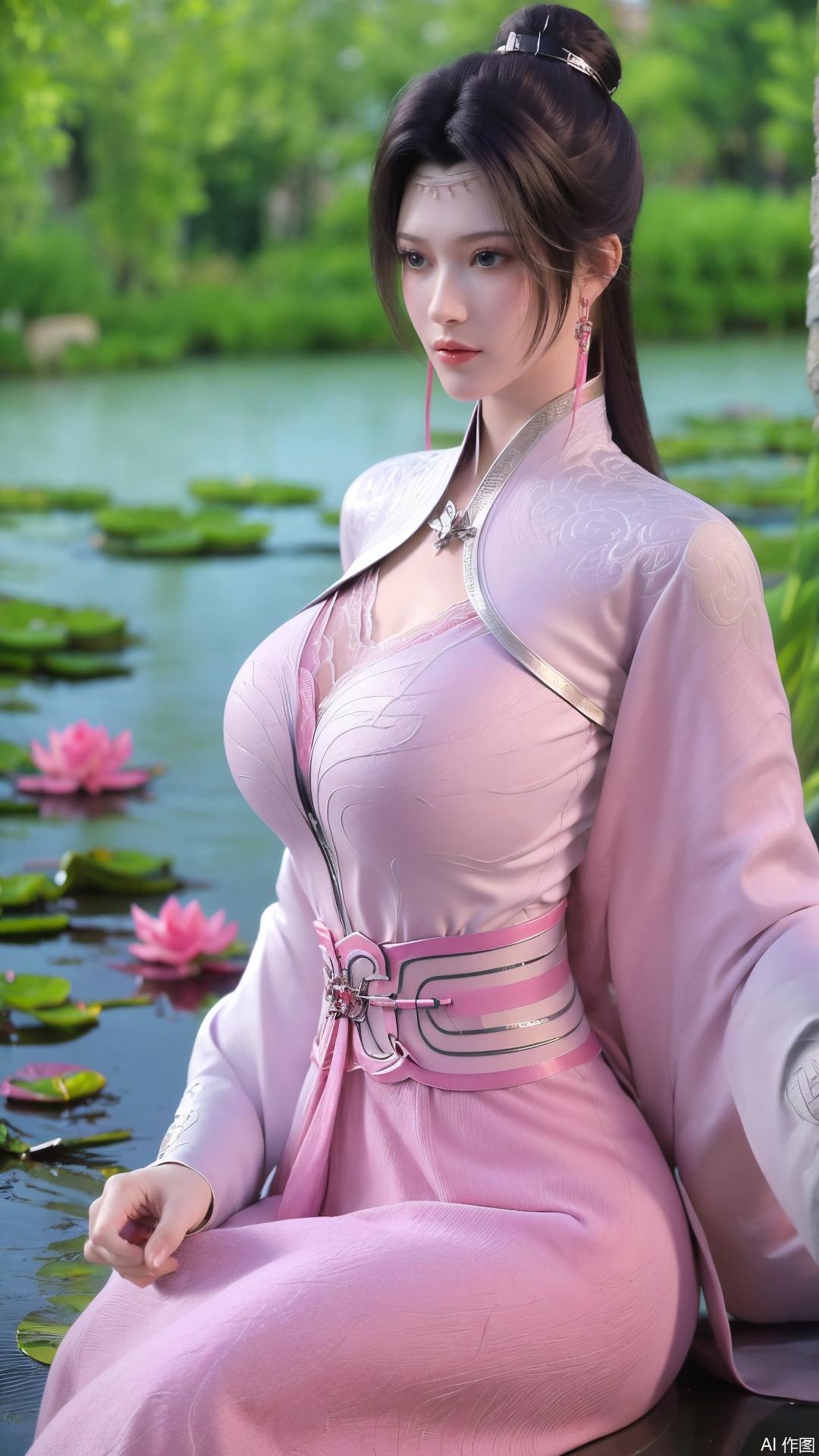   (masterpiece, best quality:1.2),(1girl:1.1), (Lace pink-green skirt:1.39), on Stomach,aqua_earrings,Lights, lanterns, chang,(big breasts:1.56),hanfu, Best quality, Realistic, photorealistic, masterpiece, extremely detailed CG unity 8k wallpaper, best illumination, best shadow, huge filesize ,(huge breasts:1.59) incredibly absurdres, absurdres, looking at viewer, transparent, smog, gauze, vase, petals, room, ancient Chinese style, detailed background, wide shot background,
(((black hair))),(Sitting on the lotus pond porch:1.49) ,(A pond full of pink lotus flowers:1.5),close up of 1girl,Hairpins,hair ornament,hair wings,slim,narrow waist,perfect eyes,beautiful perfect face,pleasant smile,perfect female figure,detailed skin,charming,alluring,seductive,erotic,enchanting,delicate pattern,detailed complex and rich exquisite clothing detail,delicate intricate fabrics,
Morning Serenade In the gentle morning glow, (a woman in a pink lotus-patterned Hanfu stands in an indoor courtyard:1.36),(Chinese traditional dragon and phoenix embroidered Hanfu:1.3), admiring the tranquil garden scenery. The lotus-patterned Hanfu, embellished with silver-thread embroidery, is softly illuminated by the morning light. The light mint green Hanfu imparts a sense of calm and freshness, adorned with delicate lotus patterns, with a blurred background to enhance the peaceful atmosphere, song_hanfu, tang_hanfu,Xtianhuxiaobai,XyunyunXYK