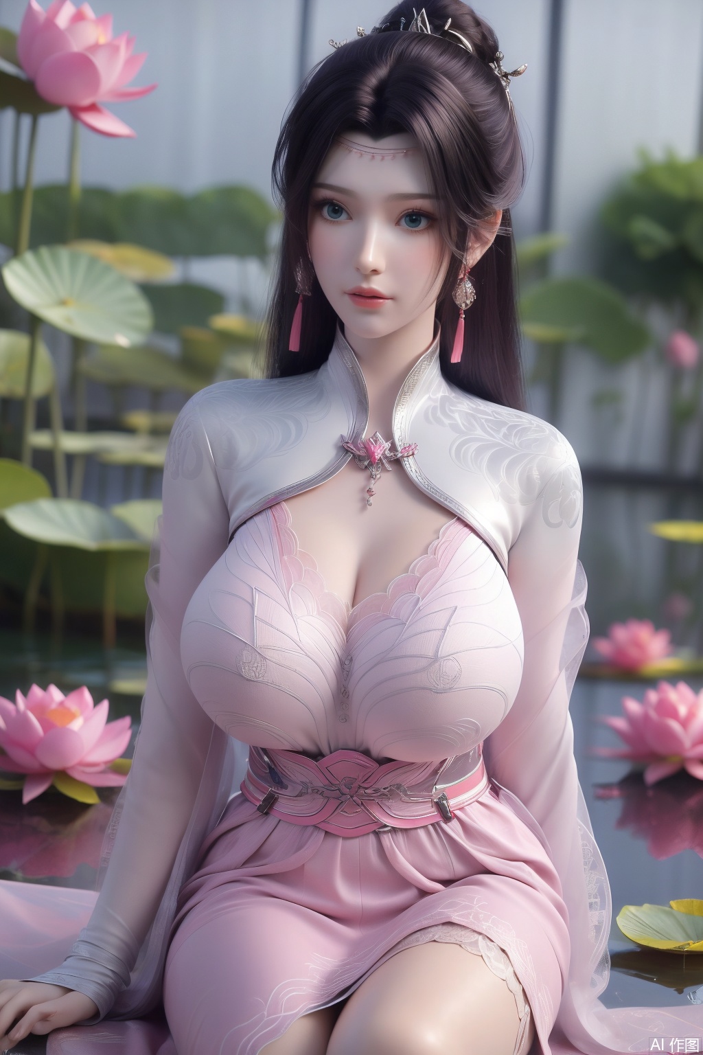  (1girl:1.1), (Lace pink-green skirt:1.39), on Stomach,aqua_earrings,Lights, lanterns, chang,(big breasts:1.56),hanfu, Best quality, Realistic, photorealistic, masterpiece, extremely detailed CG unity 8k wallpaper, best illumination, best shadow, huge filesize ,(huge breasts:1.59) incredibly absurdres, absurdres, looking at viewer, transparent, smog, gauze, vase, petals, room, ancient Chinese style, detailed background, wide shot background,
(((black hair))),(Sitting on the lotus pond porch:1.49) ,(A pond full of pink lotus flowers:1.5),close up of 1girl,Hairpins,hair ornament,hair wings,slim,narrow waist,perfect eyes,beautiful perfect face,pleasant smile,perfect female figure,detailed skin,charming,alluring,seductive,erotic,enchanting,delicate pattern,detailed complex and rich exquisite clothing detail,delicate intricate fabrics,
Morning Serenade In the gentle morning glow, (a woman in a pink lotus-patterned Hanfu stands in an indoor courtyard:1.36),(Chinese traditional dragon and phoenix embroidered Hanfu:1.3), admiring the tranquil garden scenery. The lotus-patterned Hanfu, embellished with silver-thread embroidery, is softly illuminated by the morning light. The light mint green Hanfu imparts a sense of calm and freshness, adorned with delicate lotus patterns, with a blurred background to enhance the peaceful atmosphere, song_hanfu, tang_hanfu,Xtianhuxiaobai,XyunyunXYK