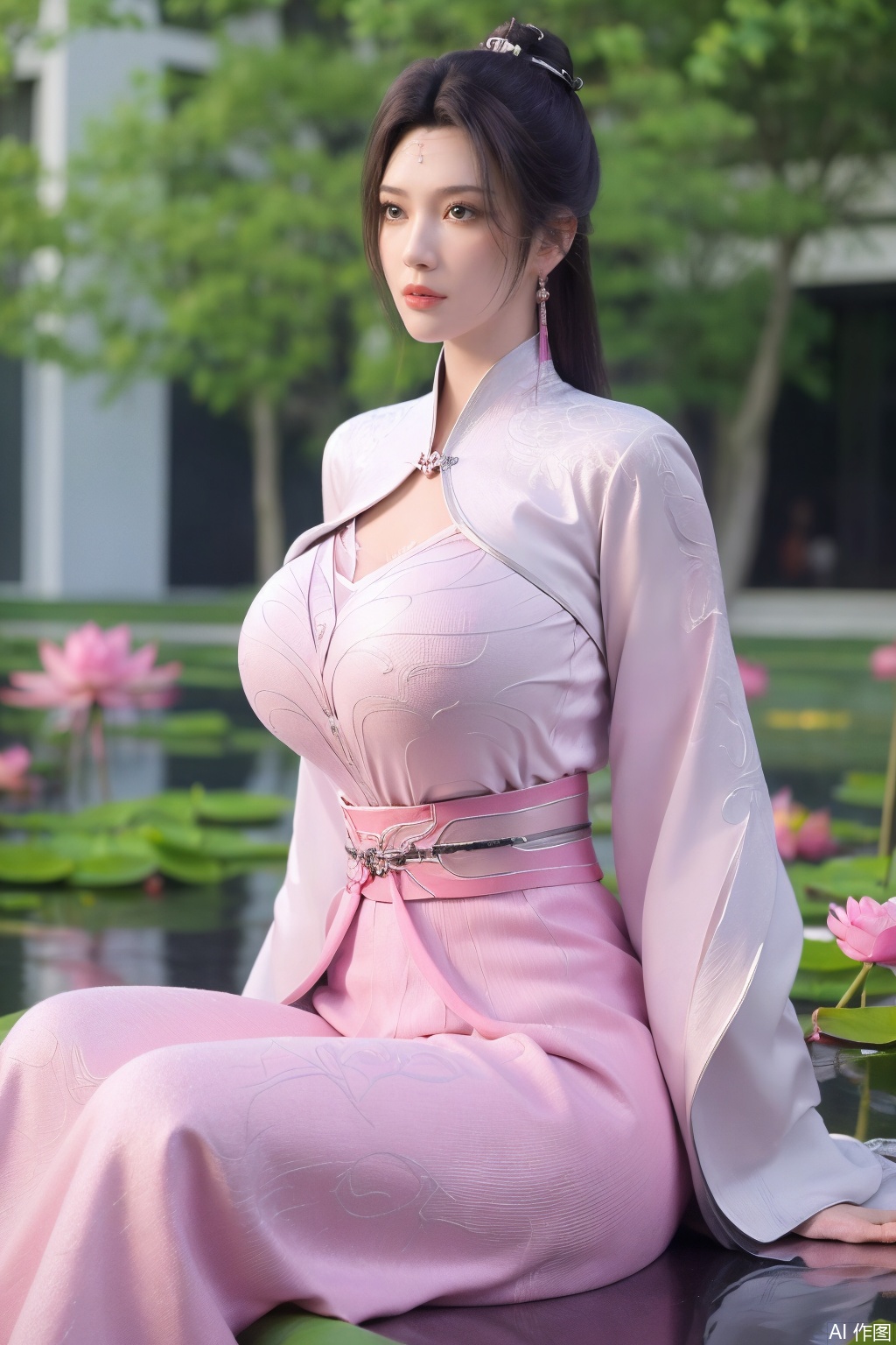 (1girl:1.1), (Lace pink-green skirt:1.39), on Stomach,aqua_earrings,Lights, lanterns, chang,(big breasts:1.56),hanfu, Best quality, Realistic, photorealistic, masterpiece, extremely detailed CG unity 8k wallpaper, best illumination, best shadow, huge filesize ,(huge breasts:1.59) incredibly absurdres, absurdres, looking at viewer, transparent, smog, gauze, vase, petals, room, ancient Chinese style, detailed background, wide shot background,
(((black hair))),(Sitting on the lotus pond porch:1.49) ,(A pond full of pink lotus flowers:1.5),close up of 1girl,Hairpins,hair ornament,hair wings,slim,narrow waist,perfect eyes,beautiful perfect face,pleasant smile,perfect female figure,detailed skin,charming,alluring,seductive,erotic,enchanting,delicate pattern,detailed complex and rich exquisite clothing detail,delicate intricate fabrics,
Morning Serenade In the gentle morning glow, (a woman in a pink lotus-patterned Hanfu stands in an indoor courtyard:1.36),(Chinese traditional dragon and phoenix embroidered Hanfu:1.3), admiring the tranquil garden scenery. The lotus-patterned Hanfu, embellished with silver-thread embroidery, is softly illuminated by the morning light. The light mint green Hanfu imparts a sense of calm and freshness, adorned with delicate lotus patterns, with a blurred background to enhance the peaceful atmosphere, song_hanfu, tang_hanfu,Xtianhuxiaobai,XyunyunXYK