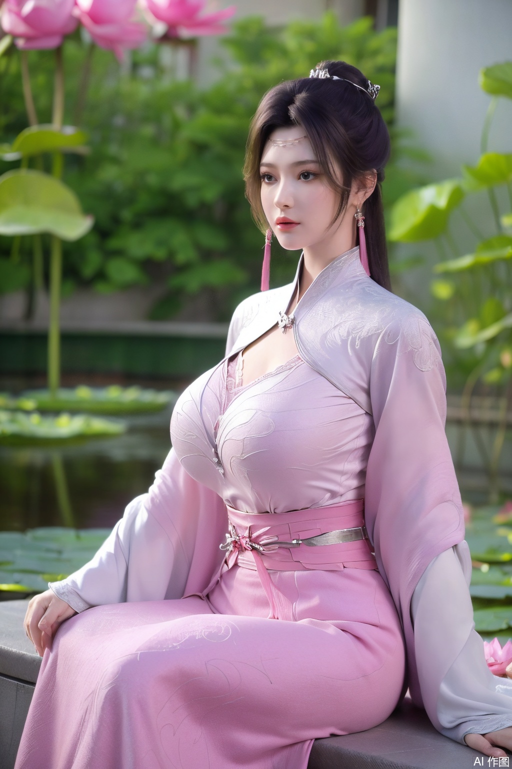  (1girl:1.1), (Lace pink-green skirt:1.39), on Stomach,aqua_earrings,Lights, lanterns, chang,(big breasts:1.56),hanfu, Best quality, Realistic, photorealistic, masterpiece, extremely detailed CG unity 8k wallpaper, best illumination, best shadow, huge filesize ,(huge breasts:1.59) incredibly absurdres, absurdres, looking at viewer, transparent, smog, gauze, vase, petals, room, ancient Chinese style, detailed background, wide shot background,
(((black hair))),(Sitting on the lotus pond porch:1.49) ,(A pond full of pink lotus flowers:1.5),close up of 1girl,Hairpins,hair ornament,hair wings,slim,narrow waist,perfect eyes,beautiful perfect face,pleasant smile,perfect female figure,detailed skin,charming,alluring,seductive,erotic,enchanting,delicate pattern,detailed complex and rich exquisite clothing detail,delicate intricate fabrics,
Morning Serenade In the gentle morning glow, (a woman in a pink lotus-patterned Hanfu stands in an indoor courtyard:1.36),(Chinese traditional dragon and phoenix embroidered Hanfu:1.3), admiring the tranquil garden scenery. The lotus-patterned Hanfu, embellished with silver-thread embroidery, is softly illuminated by the morning light. The light mint green Hanfu imparts a sense of calm and freshness, adorned with delicate lotus patterns, with a blurred background to enhance the peaceful atmosphere, song_hanfu, tang_hanfu,Xtianhuxiaobai,XyunyunXYK