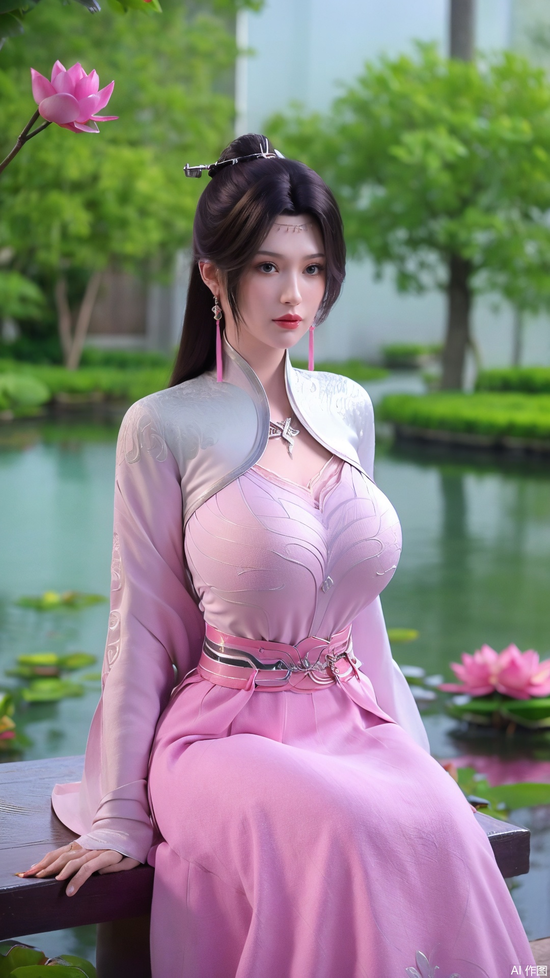  (1girl:1.1), (Lace pink-green skirt:1.39), on Stomach,aqua_earrings,Lights, lanterns, chang,(big breasts:1.56),hanfu, Best quality, Realistic, photorealistic, masterpiece, extremely detailed CG unity 8k wallpaper, best illumination, best shadow, huge filesize ,(huge breasts:1.59) incredibly absurdres, absurdres, looking at viewer, transparent, smog, gauze, vase, petals, room, ancient Chinese style, detailed background, wide shot background,
(((black hair))),(Sitting on the lotus pond porch:1.49) ,(A pond full of pink lotus flowers:1.5),close up of 1girl,Hairpins,hair ornament,hair wings,slim,narrow waist,perfect eyes,beautiful perfect face,pleasant smile,perfect female figure,detailed skin,charming,alluring,seductive,erotic,enchanting,delicate pattern,detailed complex and rich exquisite clothing detail,delicate intricate fabrics,
Morning Serenade In the gentle morning glow, (a woman in a pink lotus-patterned Hanfu stands in an indoor courtyard:1.36),(Chinese traditional dragon and phoenix embroidered Hanfu:1.3), admiring the tranquil garden scenery. The lotus-patterned Hanfu, embellished with silver-thread embroidery, is softly illuminated by the morning light. The light mint green Hanfu imparts a sense of calm and freshness, adorned with delicate lotus patterns, with a blurred background to enhance the peaceful atmosphere, song_hanfu, tang_hanfu,Xtianhuxiaobai,XyunyunXYK