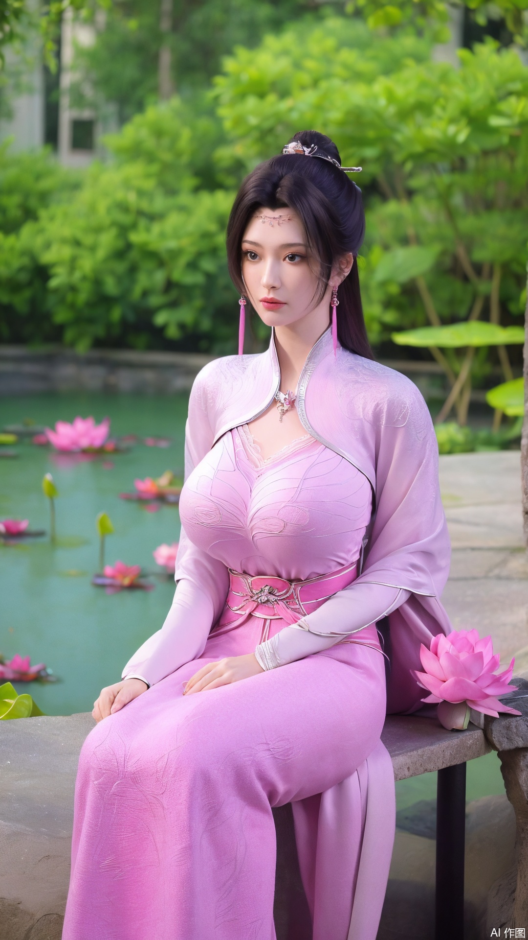  (1girl:1.1), (Lace pink-green skirt:1.39), on Stomach,aqua_earrings,Lights, lanterns, chang,(big breasts:1.56),hanfu, Best quality, Realistic, photorealistic, masterpiece, extremely detailed CG unity 8k wallpaper, best illumination, best shadow, huge filesize ,(huge breasts:1.59) incredibly absurdres, absurdres, looking at viewer, transparent, smog, gauze, vase, petals, room, ancient Chinese style, detailed background, wide shot background,
(((black hair))),(Sitting on the lotus pond porch:1.49) ,(A pond full of pink lotus flowers:1.5),close up of 1girl,Hairpins,hair ornament,hair wings,slim,narrow waist,perfect eyes,beautiful perfect face,pleasant smile,perfect female figure,detailed skin,charming,alluring,seductive,erotic,enchanting,delicate pattern,detailed complex and rich exquisite clothing detail,delicate intricate fabrics,
Morning Serenade In the gentle morning glow, (a woman in a pink lotus-patterned Hanfu stands in an indoor courtyard:1.36),(Chinese traditional dragon and phoenix embroidered Hanfu:1.3), admiring the tranquil garden scenery. The lotus-patterned Hanfu, embellished with silver-thread embroidery, is softly illuminated by the morning light. The light mint green Hanfu imparts a sense of calm and freshness, adorned with delicate lotus patterns, with a blurred background to enhance the peaceful atmosphere, song_hanfu, tang_hanfu,Xtianhuxiaobai,XyunyunXYK