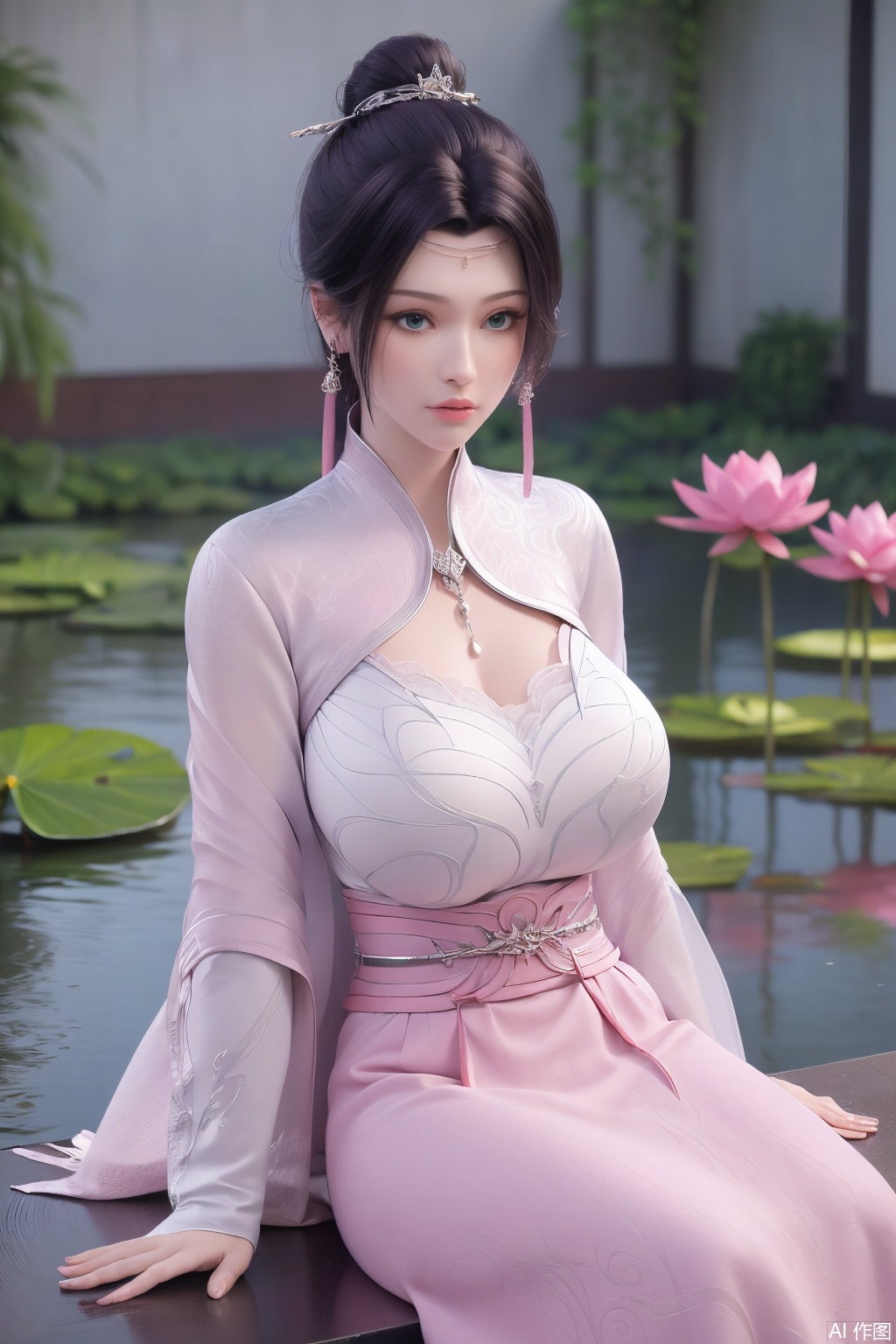  (1girl:1.1), (Lace pink-green skirt:1.39), on Stomach,aqua_earrings,Lights, lanterns, chang,(big breasts:1.56),hanfu, Best quality, Realistic, photorealistic, masterpiece, extremely detailed CG unity 8k wallpaper, best illumination, best shadow, huge filesize ,(huge breasts:1.59) incredibly absurdres, absurdres, looking at viewer, transparent, smog, gauze, vase, petals, room, ancient Chinese style, detailed background, wide shot background,
(((black hair))),(Sitting on the lotus pond porch:1.49) ,(A pond full of pink lotus flowers:1.5),close up of 1girl,Hairpins,hair ornament,hair wings,slim,narrow waist,perfect eyes,beautiful perfect face,pleasant smile,perfect female figure,detailed skin,charming,alluring,seductive,erotic,enchanting,delicate pattern,detailed complex and rich exquisite clothing detail,delicate intricate fabrics,
Morning Serenade In the gentle morning glow, (a woman in a pink lotus-patterned Hanfu stands in an indoor courtyard:1.36),(Chinese traditional dragon and phoenix embroidered Hanfu:1.3), admiring the tranquil garden scenery. The lotus-patterned Hanfu, embellished with silver-thread embroidery, is softly illuminated by the morning light. The light mint green Hanfu imparts a sense of calm and freshness, adorned with delicate lotus patterns, with a blurred background to enhance the peaceful atmosphere, song_hanfu, tang_hanfu,Xtianhuxiaobai,XyunyunXYK