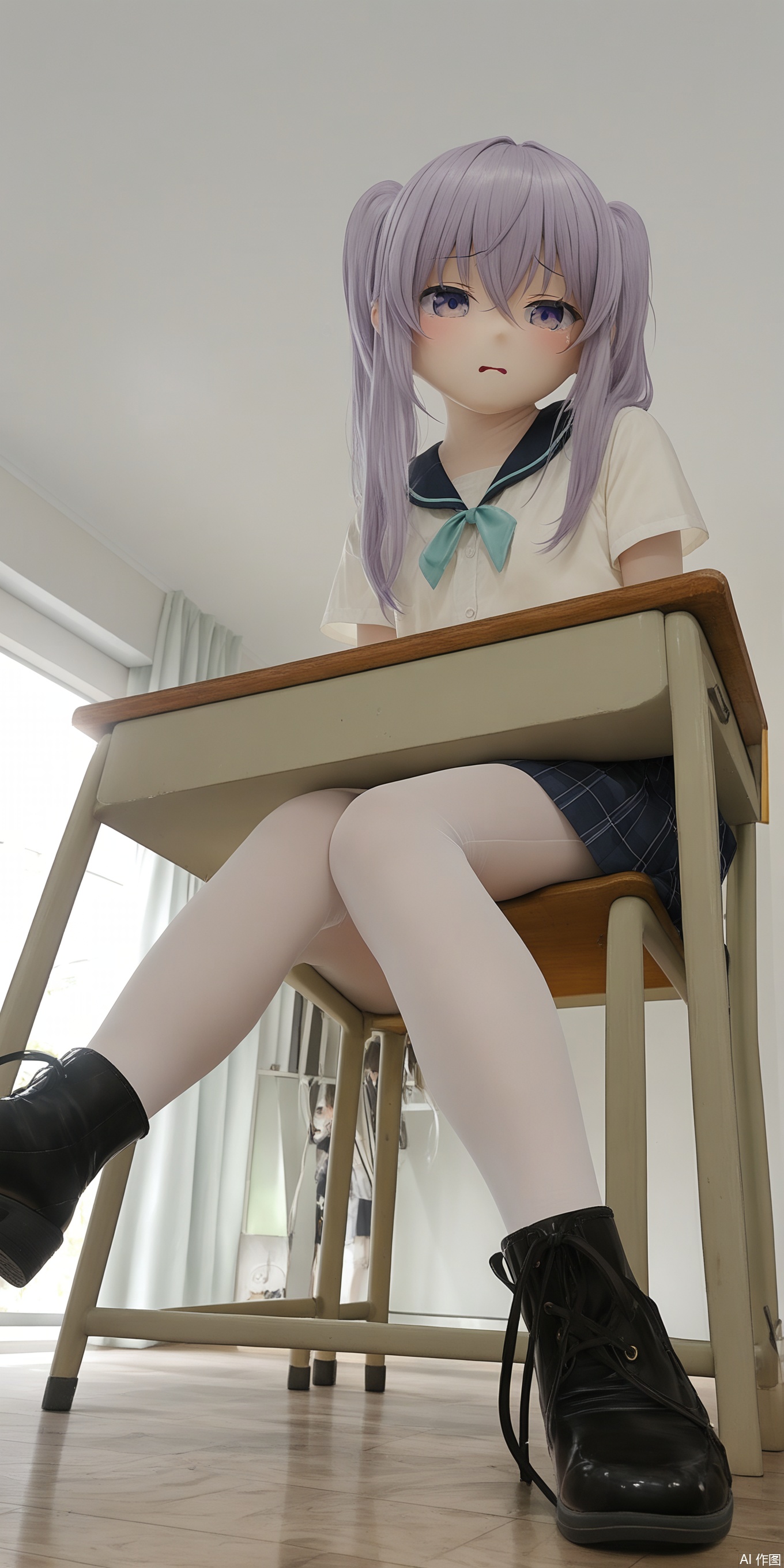 A young girl sits uncomfortably on a worn wooden chair, her legs splayed at an awkward angle as one foot dangles without shoes, while the other remains clad in scuffed leather footwear. Her expression is one of disgust and discomfort, her eyes squinted in distaste. A faint sheen of sweat glistens on her calf as it begins to leak with moisture. A cluttered desk lies beside a large window, where the warm sunlight streaming in creates a beautiful Tyndall effect, casting a mesmerizing glow over the scene,kigurumi