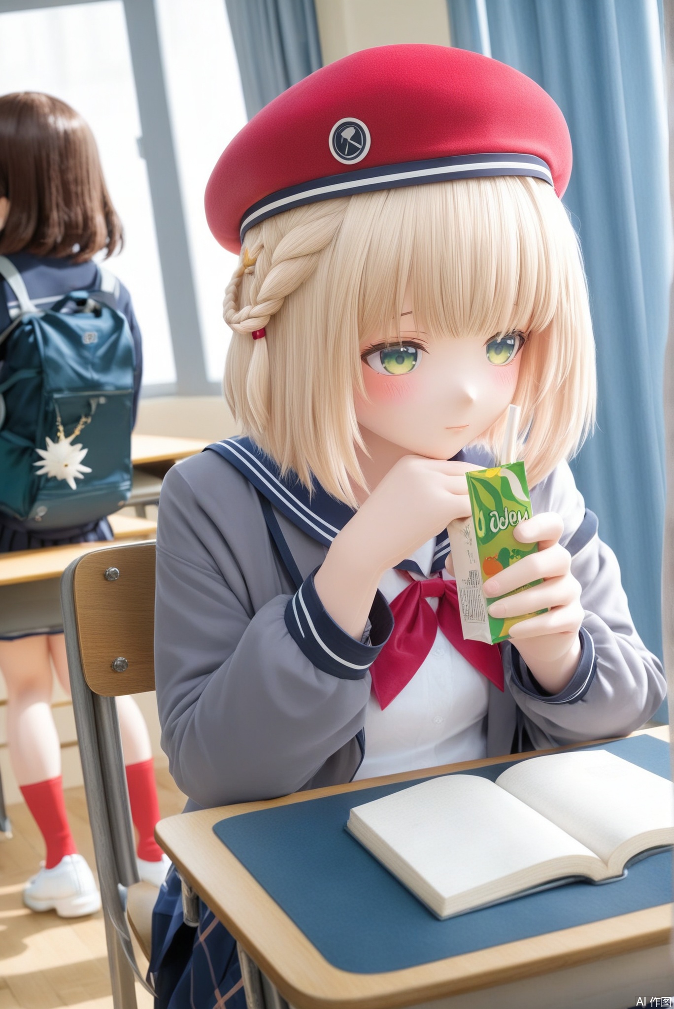 1girl, blush, short hair, bangs, multiple girls, skirt, blonde hair, shirt, hair ornament, long sleeves, hat, 2girls, sitting, closed mouth, school uniform, green eyes, jacket, white shirt, braid, pleated skirt, shoes, solo focus, socks, striped, indoors, virtual youtuber, sailor collar, bag, blurry, book, window, depth of field, beret, chair, light brown hair, curtains, red headwear, vertical stripes, pom pom \(clothes\), desk, hair rings, grey jacket, classroom, school desk, school chair, juice box, red socks, pom pom hair ornament, pencil case