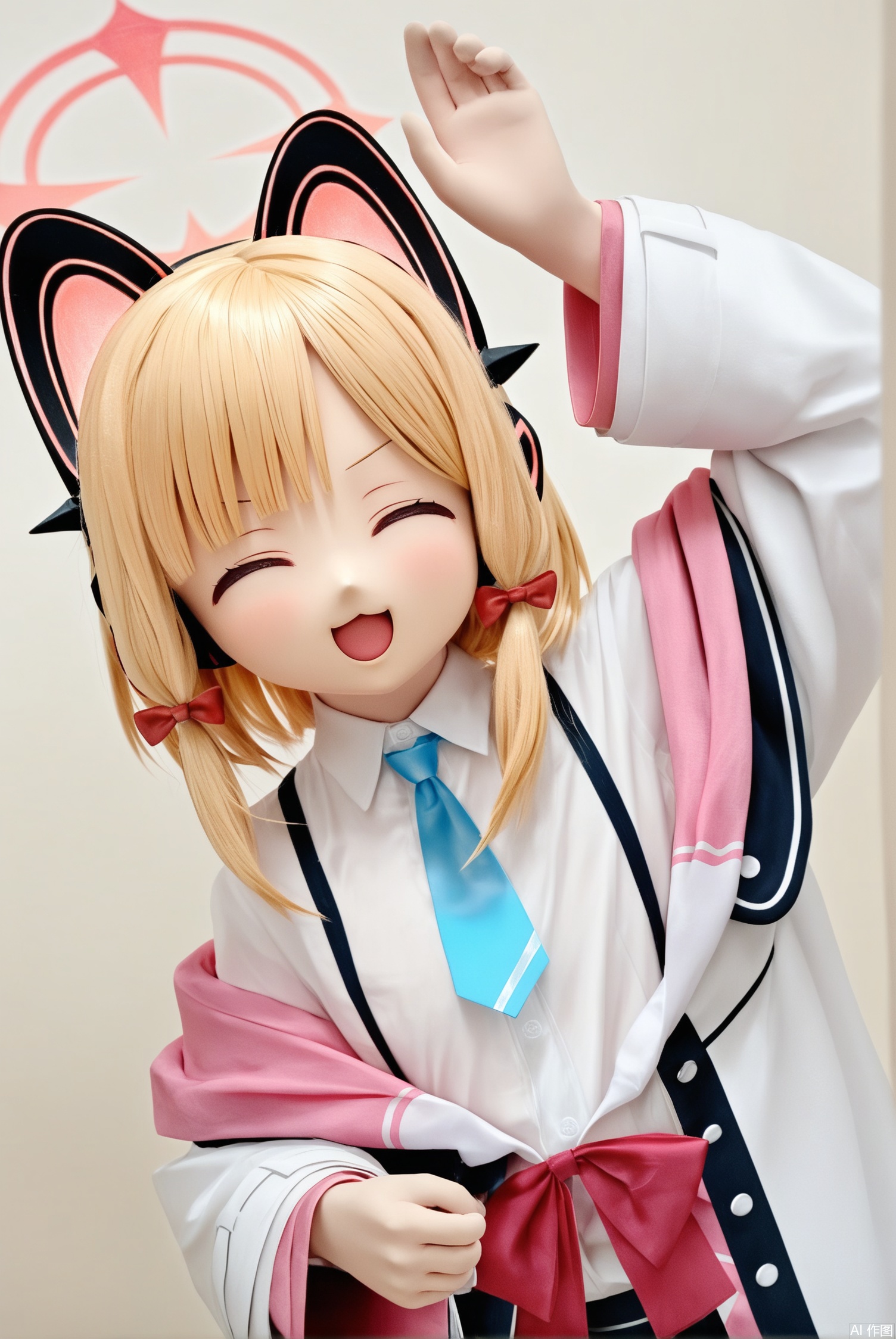 1girl, solo, blush, smile, short hair, open mouth, blonde hair, shirt, long sleeves, bow, animal ears, school uniform, jacket, closed eyes, hair bow, necktie, arm up, fake animal ears, headphones, halo, blue necktie, nintendo switch, animal ear headphones, cat ear headphones, momoi \(blue archive\), midori \(blue archive\)