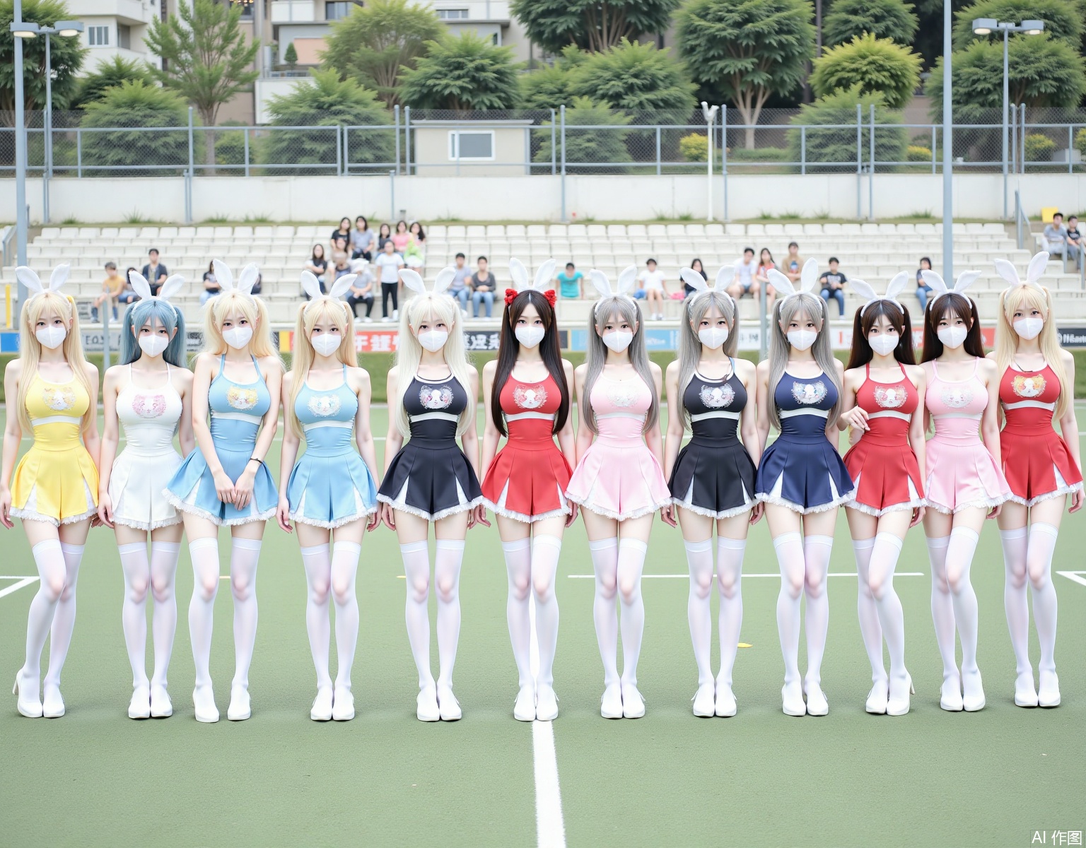 Twelve girls stand in a row in different poses on an outdoor sports field, with a wall and some trees in the distance as the background, without other characters, showing their full bodies. They have full chests, slender legs, and fair skin. Long hair, double ponytails, various colors of hair, some white some yellow, some blue, some gray, some red, some pink. They wear double ponytails of various colors, they wear cheerleading uniforms of various colors, with a cartoon pattern on the chest of the top, each person wears a different color of rabbit ears headband, everyone wears a white mask, white suspender stockings, white long socks, socks extending to the thigh root. This scene is shot from a slightly upward angle to show the full body of the characters and their environment. Soft, diffused light shines down above the scene, reducing shadows to ensure clear and vivid details.