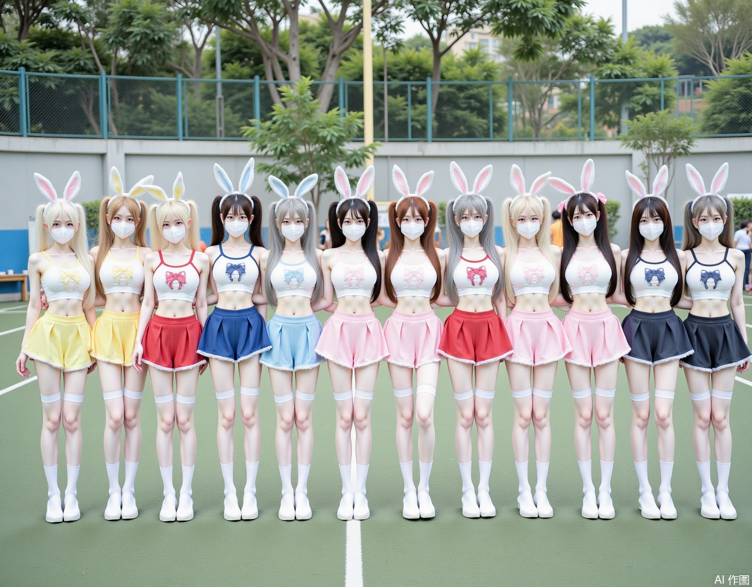 Twelve girls stand in a row in different poses on an outdoor sports field, with a wall and some trees in the distance as the background, without other characters, showing their full bodies. They have full chests, slender legs, and fair skin. Long hair, double ponytails, various colors of hair, some white some yellow, some blue, some gray, some red, some pink. They wear double ponytails of various colors, they wear cheerleading uniforms of various colors, with a cartoon pattern on the chest of the top, each person wears a different color of rabbit ears headband, everyone wears a white mask, white suspender stockings, white long socks, socks extending to the thigh root. This scene is shot from a slightly upward angle to show the full body of the characters and their environment. Soft, diffused light shines down above the scene, reducing shadows to ensure clear and vivid details.
