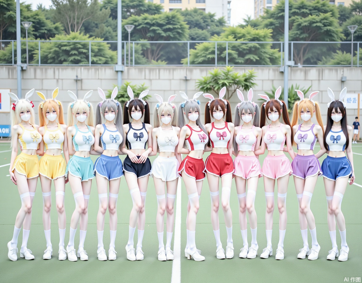 Twelve girls stand in a row in different poses on an outdoor sports field, with a wall and some trees in the distance as the background, without other characters, showing their full bodies. They have full chests, slender legs, and fair skin. Long hair, double ponytails, various colors of hair, some white some yellow, some blue, some gray, some red, some pink. They wear double ponytails of various colors, they wear cheerleading uniforms of various colors, with a cartoon pattern on the chest of the top, each person wears a different color of rabbit ears headband, everyone wears a white mask, white suspender stockings, white long socks, socks extending to the thigh root. This scene is shot from a slightly upward angle to show the full body of the characters and their environment. Soft, diffused light shines down above the scene, reducing shadows to ensure clear and vivid details.