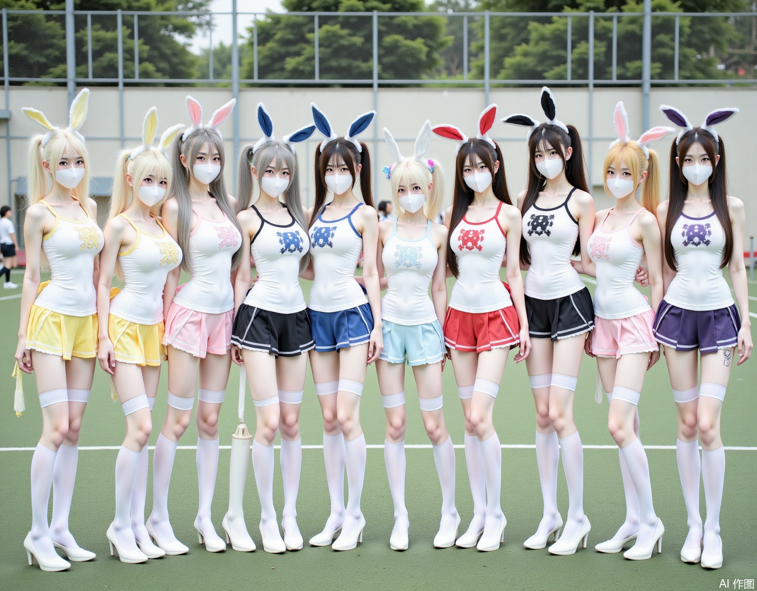 Twelve girls stand in a row in different poses on an outdoor sports field, with a wall and some trees in the distance as the background, without other characters, showing their full bodies. They have full chests, slender legs, and fair skin. Long hair, double ponytails, various colors of hair, some white some yellow, some blue, some gray, some red, some pink. They wear double ponytails of various colors, they wear cheerleading uniforms of various colors, with a cartoon pattern on the chest of the top, each person wears a different color of rabbit ears headband, everyone wears a white mask, white suspender stockings, white long socks, socks extending to the thigh root. This scene is shot from a slightly upward angle to show the full body of the characters and their environment. Soft, diffused light shines down above the scene, reducing shadows to ensure clear and vivid details.