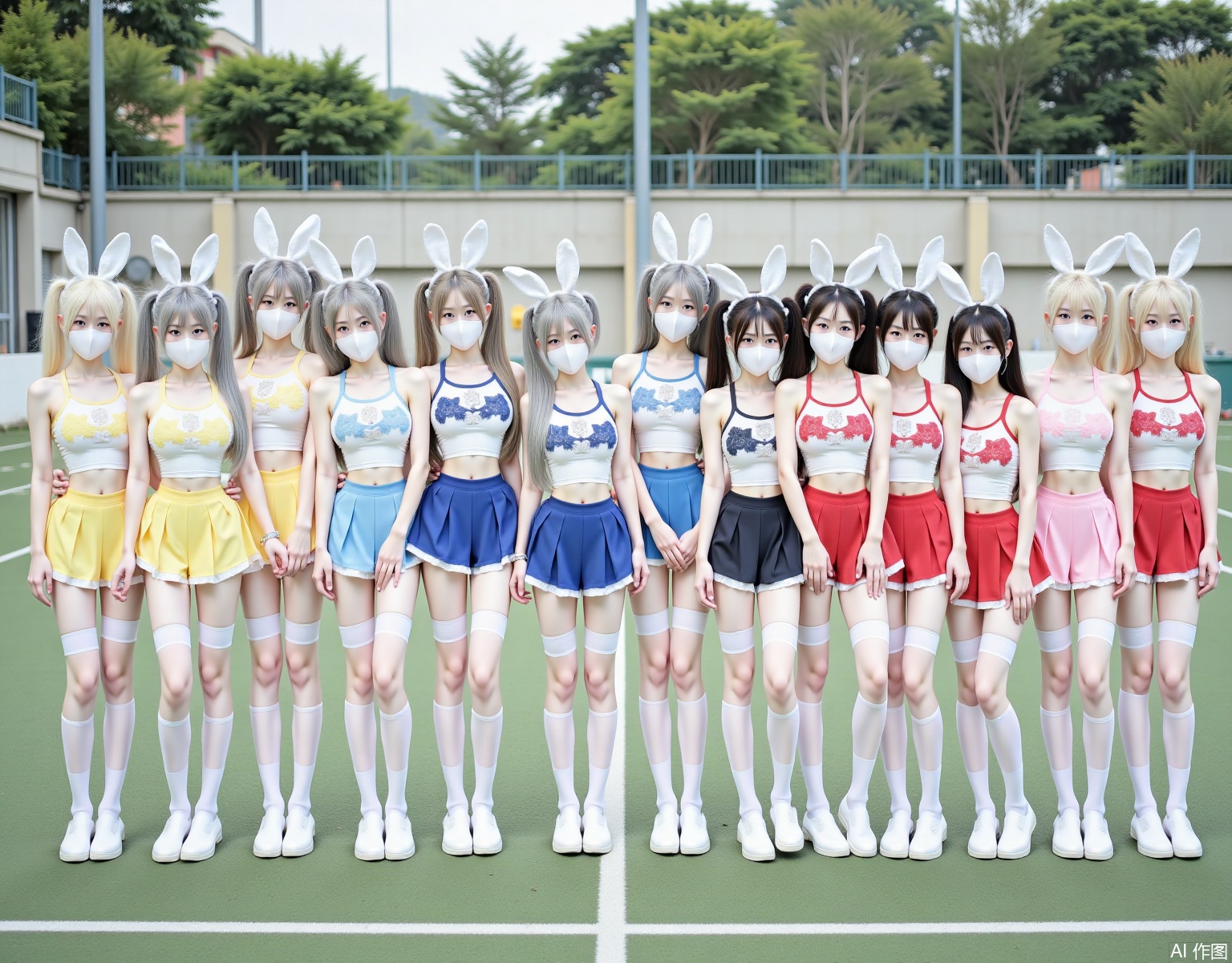 Twelve girls stand in a row in different poses on an outdoor sports field, with a wall and some trees in the distance as the background, without other characters, showing their full bodies. They have full chests, slender legs, and fair skin. Long hair, double ponytails, various colors of hair, some white some yellow, some blue, some gray, some red, some pink. They wear double ponytails of various colors, they wear cheerleading uniforms of various colors, with a cartoon pattern on the chest of the top, each person wears a different color of rabbit ears headband, everyone wears a white mask, white suspender stockings, white long socks, socks extending to the thigh root. This scene is shot from a slightly upward angle to show the full body of the characters and their environment. Soft, diffused light shines down above the scene, reducing shadows to ensure clear and vivid details.