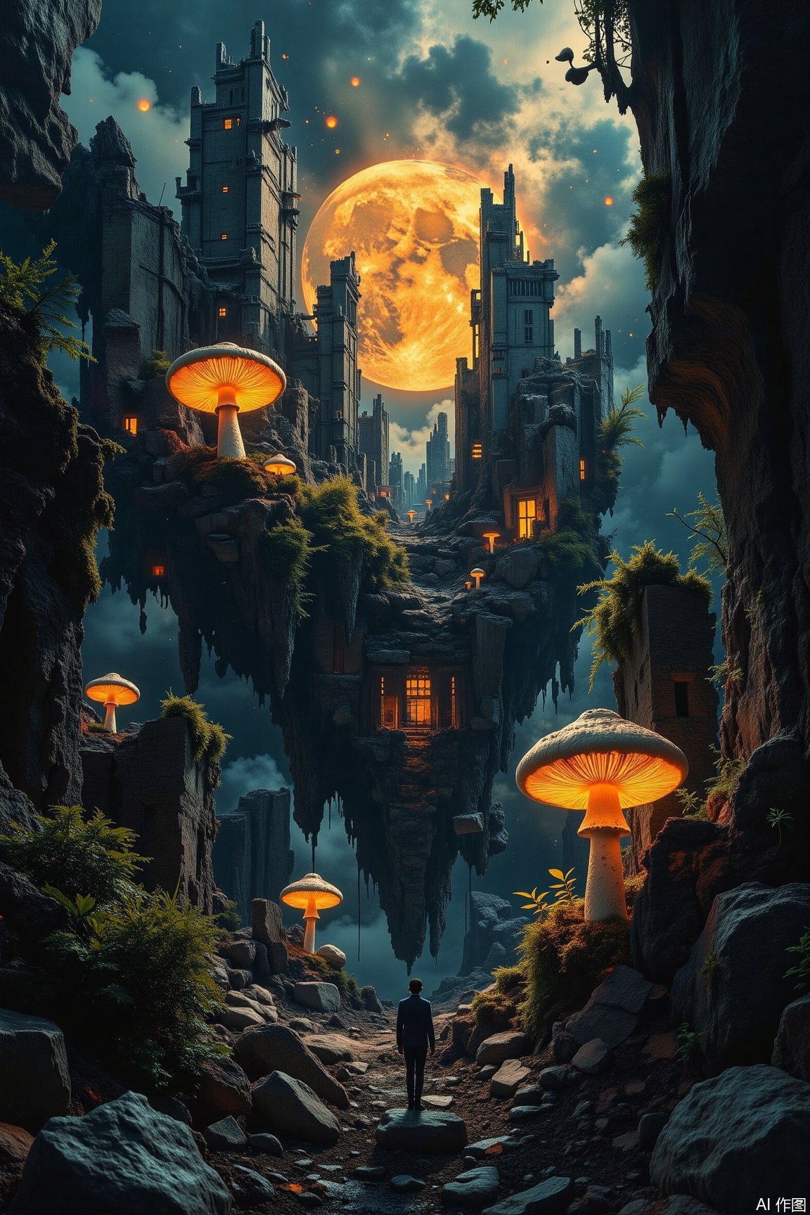 A shattered city floats in the void, with glowing mushroom forests growing among the architectural debris. Surreal scenes are paired with post-impressionist brushstrokes. Cinematic bottom lighting casts mysterious shadows, and the dark void emphasizes loneliness. A cool gray color palette renders desolation, and the rule of thirds composition constructs a fantastical sense of space..,surrealism,motion blur effect,cinematic texture background,vivid color