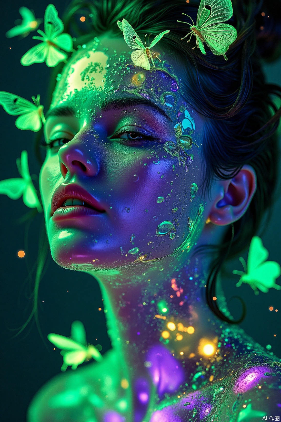 Surrealism portrait of a woman with glass-like skin, fluorescent butterfly swarms flowing in her veins. Style: biopunk. Light: UV backlight, pulsing cold light. Materials: glass-like skin, luminous scale powder. Rendering: translucent refraction. Colors: fluorescent green, iris purple. Composition: radiative composition. Perspective: macro close-up.,surrealism