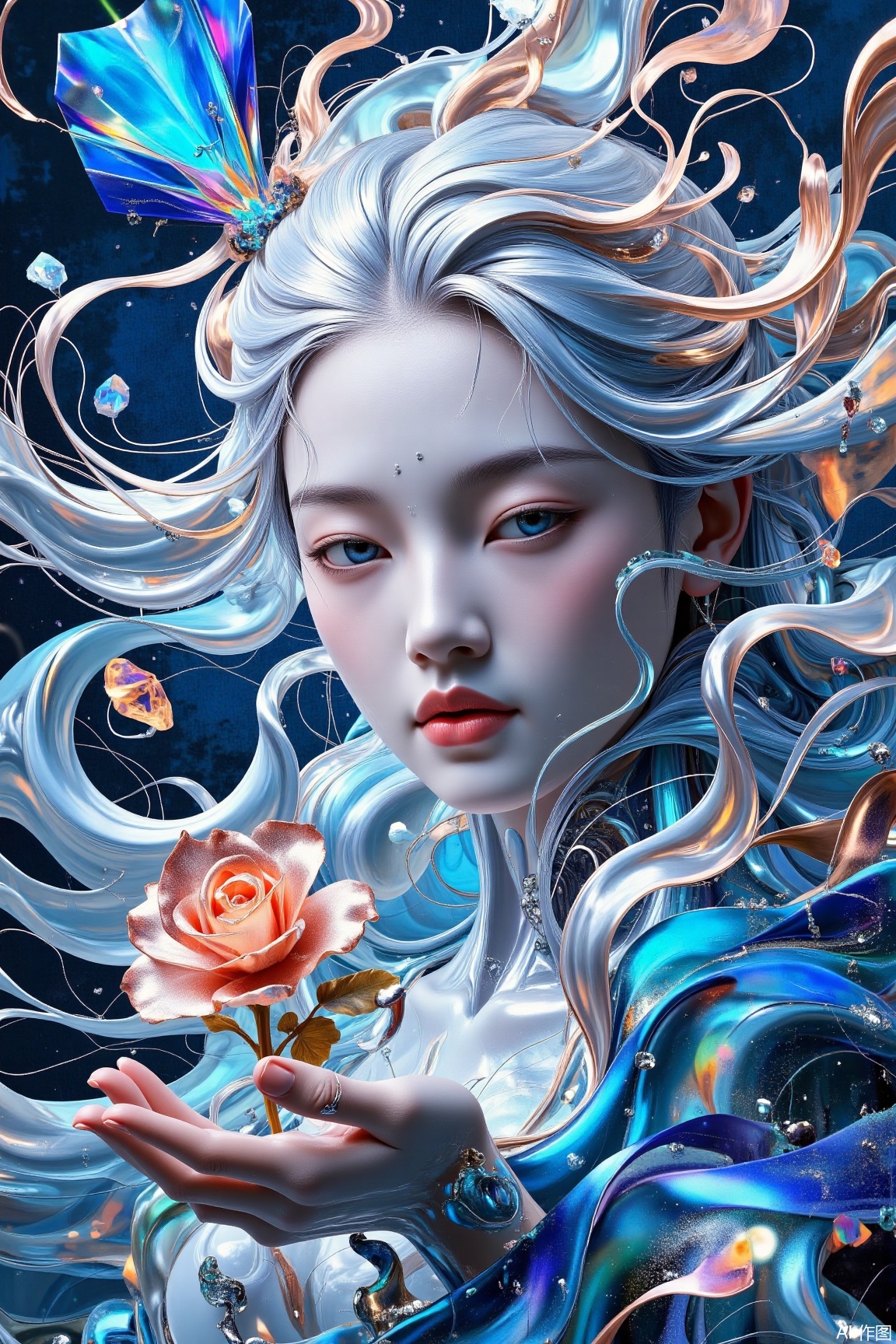 Surrealism portrait of a silver-haired girl floating mid-air, a liquid metal rose blooming in her palm. Style: cyber fantasy. Light: neon refracted light, cool holographic aura. Materials: liquid metal, icy crystal prisms. Rendering: neon chromatic dispersion. Colors: cobalt blue fluorescence, rose gold. Composition: diagonal dynamics. Perspective: surrounding close-up.,surrealism,Oriental Aesthetics