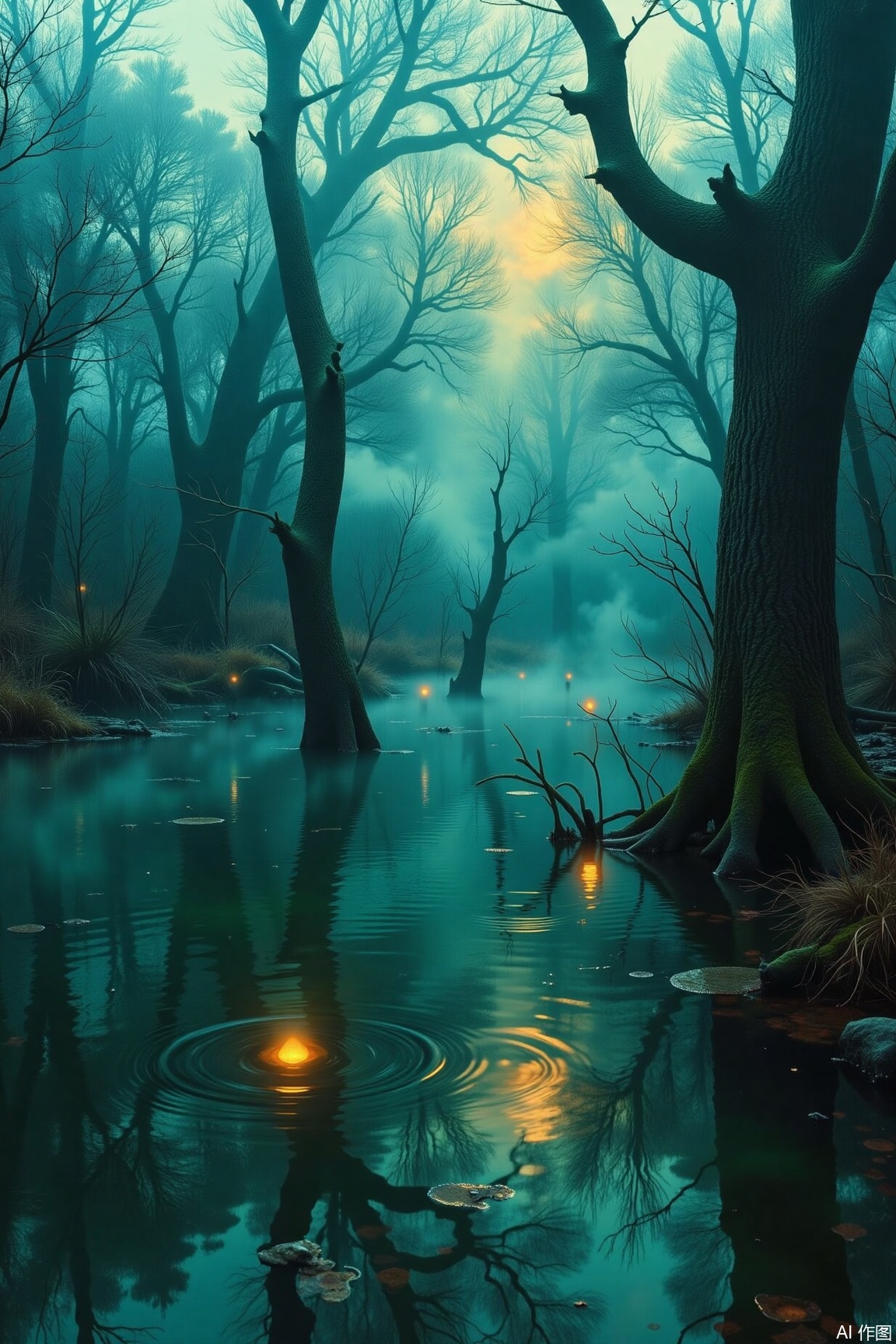 In a fog-shrouded swamp, decaying tree trunks half-submerge in dark green water, with eerie will-o'-the-wisps flickering. The exaggerated color contrasts of Post-Impressionism emphasize the eerie atmosphere. Cinematic diffused light filters through the thick fog, and dark rendering deepens the sense of dread. The cool color palette and rule of thirds composition showcase a mysterious and unpredictable fantasy swamp..,surrealism,motion blur effect,cinematic texture background,vivid color