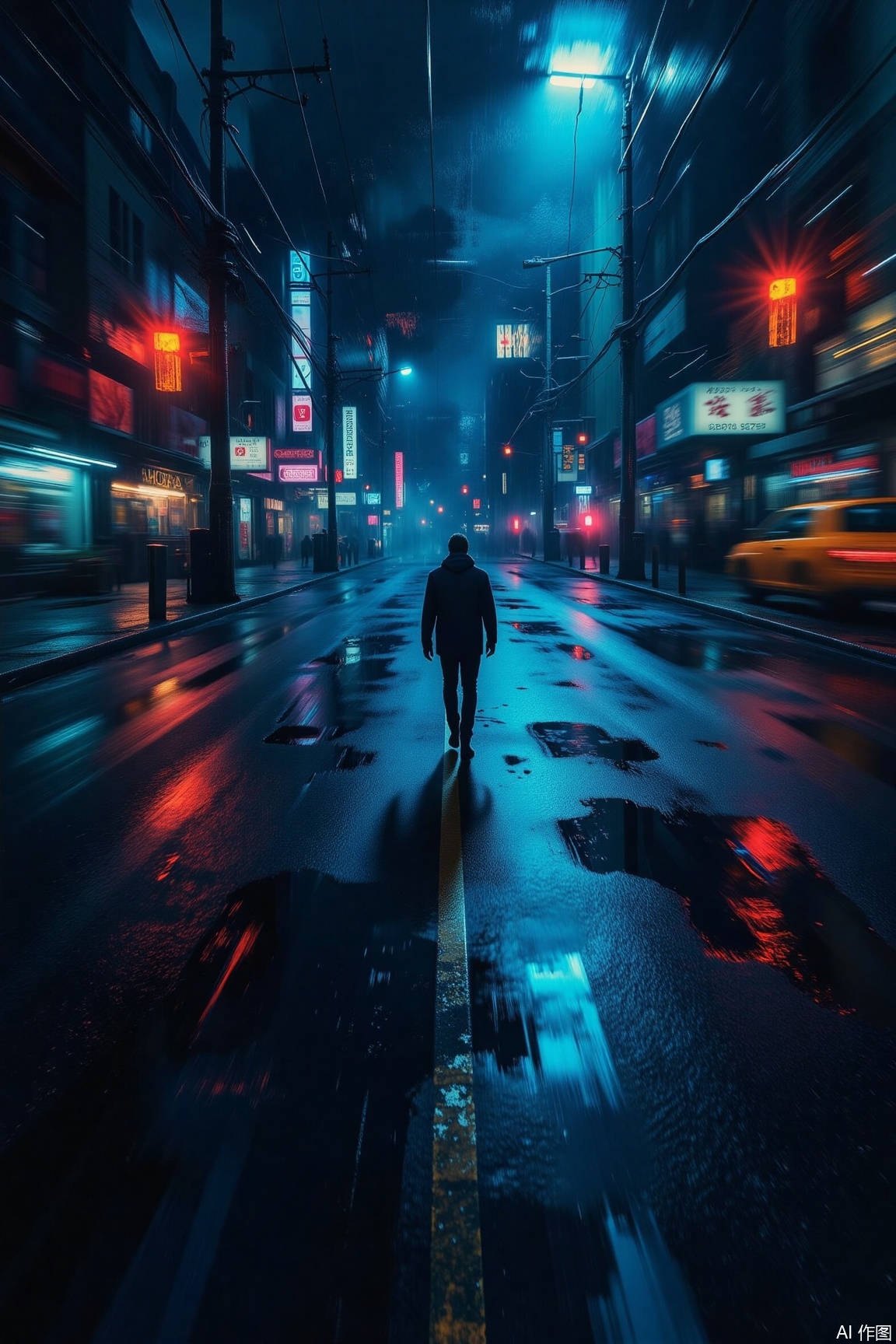 Neon lights flicker on a midnight street, with a ghostly blue glow reflecting on the empty road as a solitary figure walks away. The Post-Impressionist style distorts the light and shadow, and cinematic bottom lighting creates an otherworldly effect. Dark rendering intensifies the sense of isolation, and the cool color palette and rule of thirds composition convey urban alienation..,surrealism,motion blur effect,cinematic texture background,vivid color