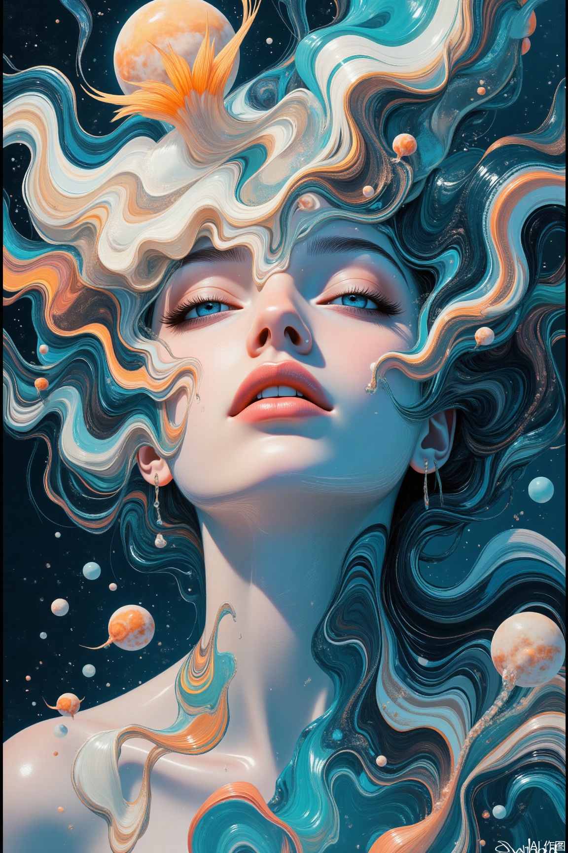 jzbj,surrealism, A portrait that blends a face with fluid, marine - inspired forms and textures, evoking the fluidity of life and the enigmatic allure of the ocean..,surrealism, ,plns