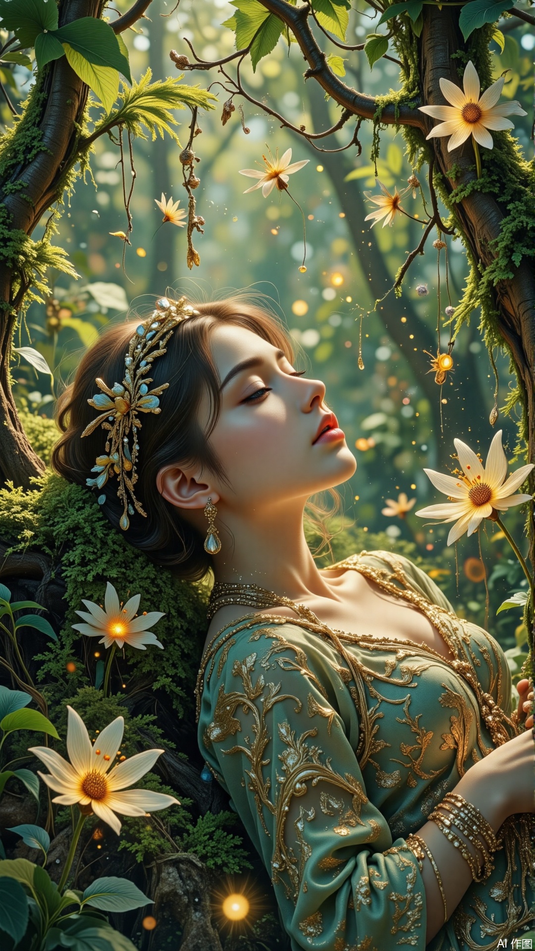 Reclining on velvet moss, her profile emerges from dappled forest light. Biomorphic shadows in viridian and amethyst cascade diagonally across the composition, echoing Art Nouveau motifs. Luminous pollen particles hover like suspended galaxies, their golden glow softened through gossamer diffusion filters. This 12K rendering preserves every impasto knife mark, transforming pixels into oil paint's tactile poetry..,surrealism,digital-art,double-exposure