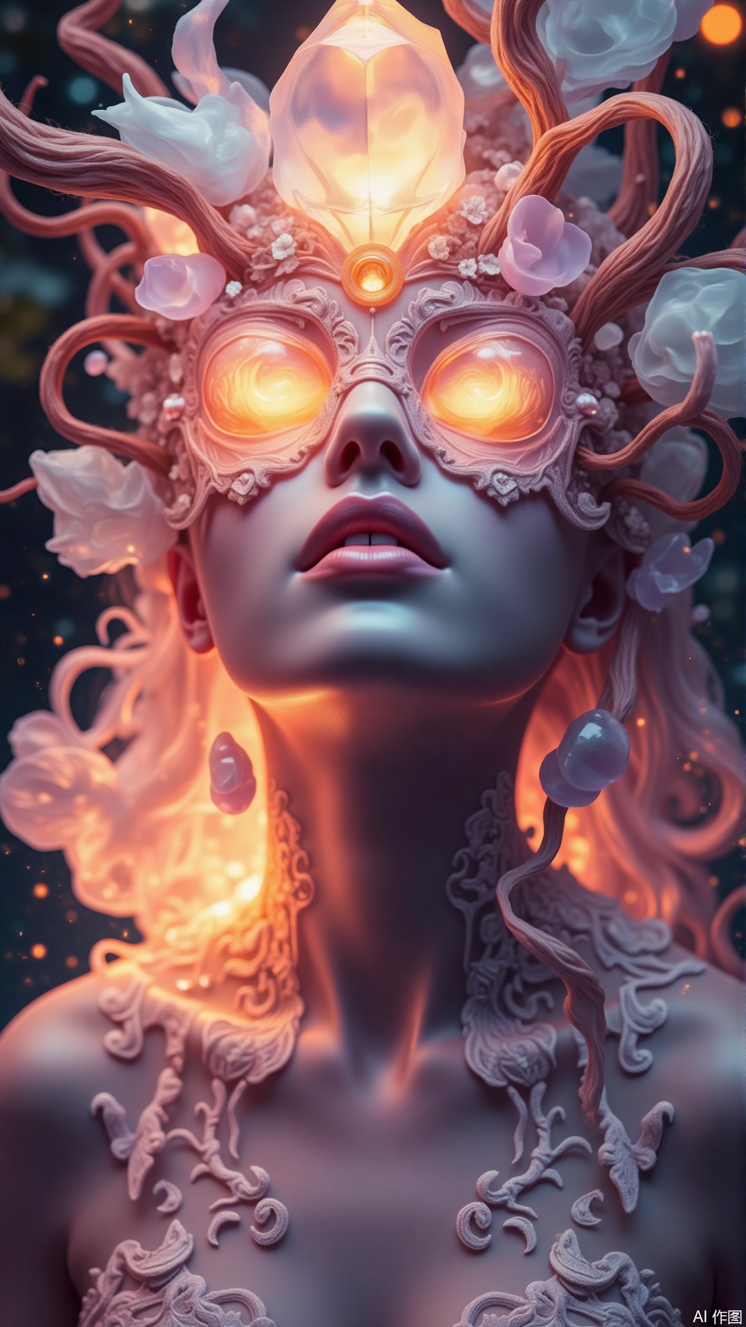 Surrealism portrait of a mysterious woman with a crystal mask, glowing vines in her hair. Style: dreamy realism. Light: soft backlight, golden glow. Materials: translucent chiffon, smooth jade. Rendering: delicate depth of field. Colors: pink-purple gradient, pearly white. Composition: central symmetry. Perspective: low-angle upward shot.,surrealism