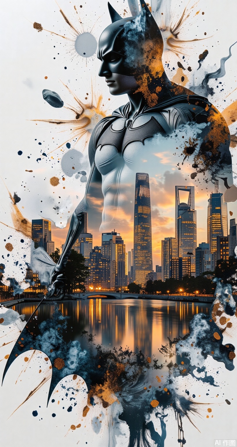 Grunge Art,AlcoholInk.hanna,Fantasy detailers, An abstract alcohol ink double exposure artwork featuring Batman and the city of Shanghai. Batman's silhouette is bold and dark, filled with flowing alcohol ink textures in shades of deep black, midnight blue, and smoky gray. Within his figure, the skyline of shanghai City emerges — with gothic skyscrapers, glowing windows, and moody shadows — all blending into the ink’s swirling motion. The alcohol ink style creates a fluid, dreamlike atmosphere with organic textures, soft diffusion, and metallic highlights that evoke mystery and depth. The overall composition is moody, cinematic, and emotionally powerful.,jzbj,shanghai,surrealism