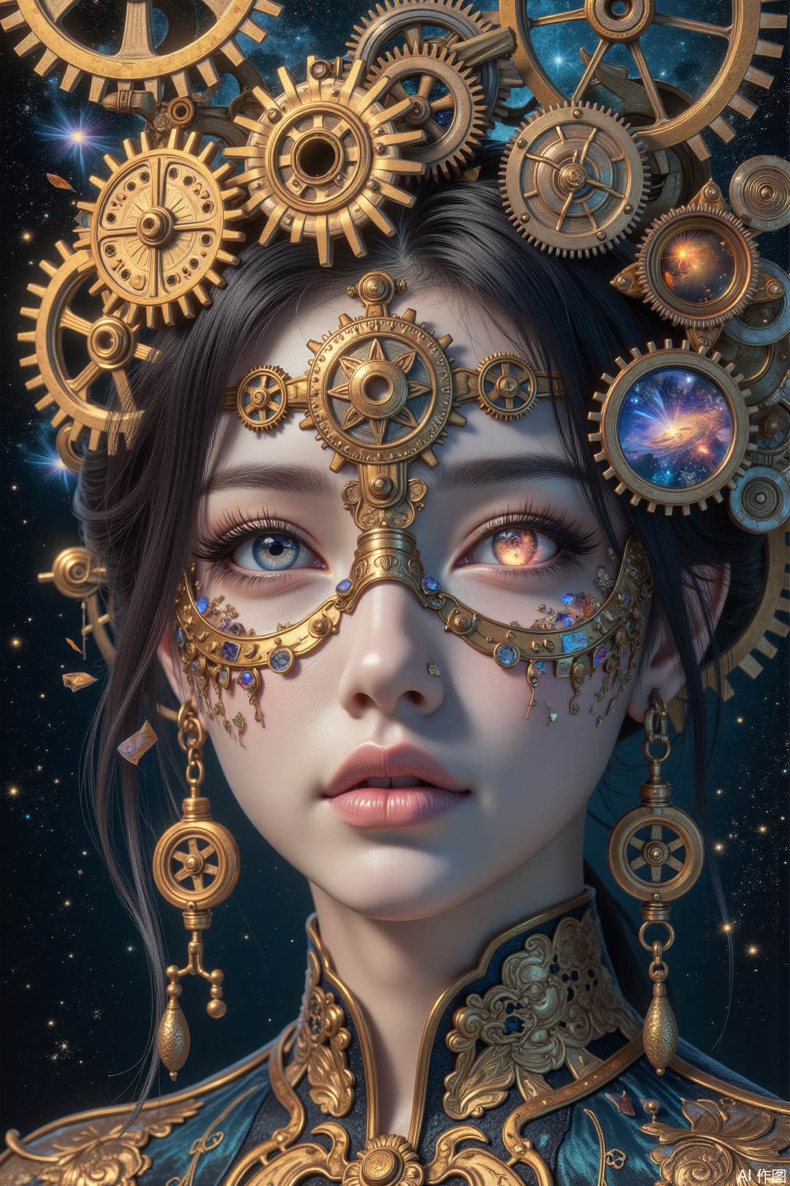Surrealism portrait of an oriental woman merged with mechanical gears, galaxy fragments shimmering in her eye sockets. Style: steampunk fantasy. Light: rusty warm light, star trail streaks. Materials: bronze gears, galactic mist. Rendering: vintage grain noise. Colors: antique bronze, deep space indigo. Composition: scatter perspective. Perspective: 45° oblique angle.,surrealism,plns