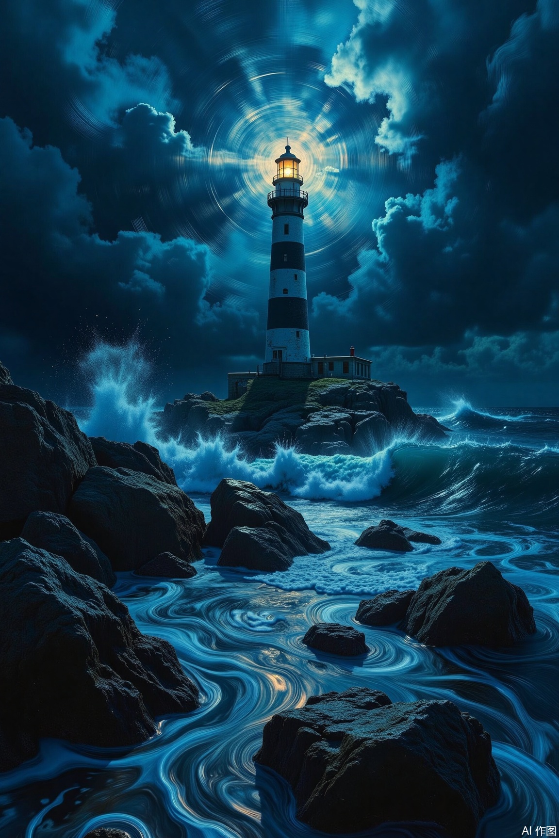 A solitary lighthouse stands on a rocky coast during a tempest, with turbulent waves crashing against the rocks. In Post-Impressionist style, twisted and intense brushstrokes are used, with cinematic cold blue halos piercing through the darkness. The cool color palette creates a somber atmosphere, and the rule of thirds composition adds tension to the scene.,surrealism,motion blur effect,cinematic texture background