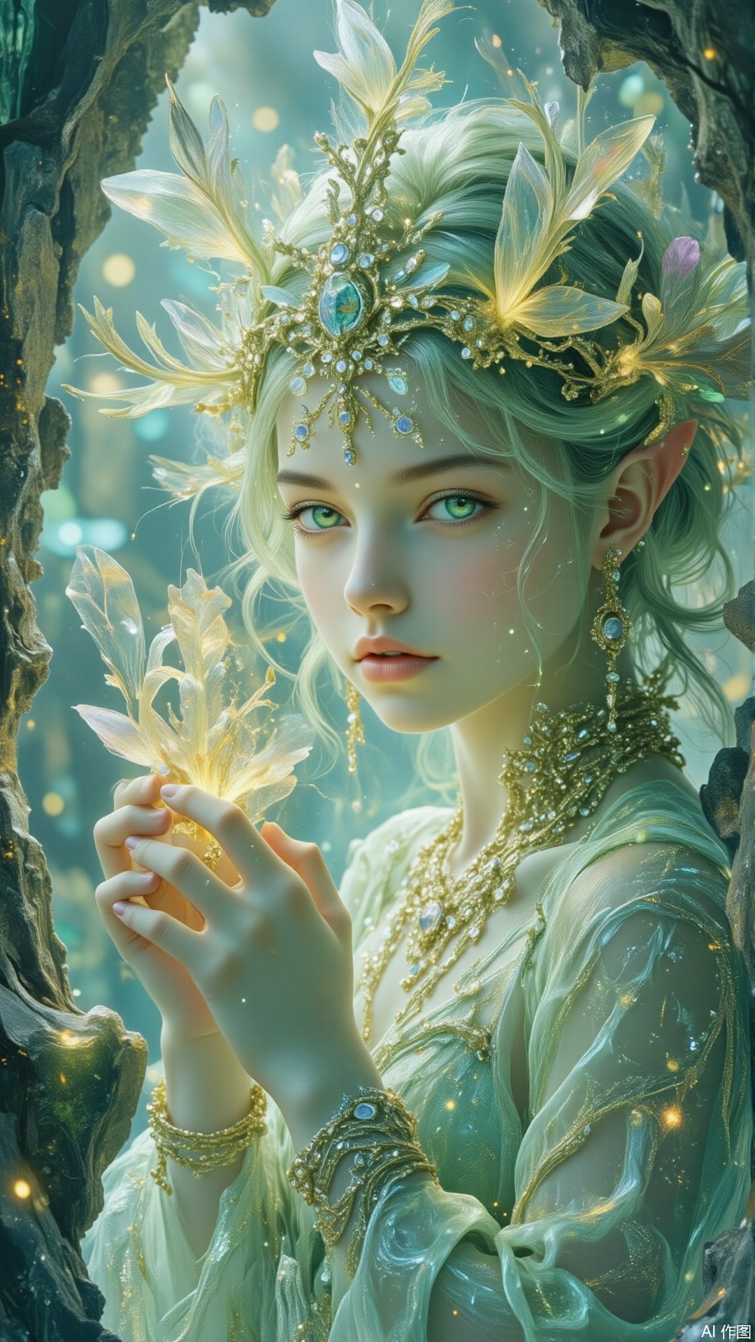 An elven girl with semi-transparent skin holds a glowing crystal tree and is situated in a floating crystal cave. Pale green rim light seeps through the cracks of the cave, illuminating her eyes that shimmer with faint light. With a soft color scheme of mint green and pearl white, combined with the rule of thirds composition, a high-definition visual feast of surrealism with delicate and realistic rendering is achieved..,surrealism,digital-art,double-exposure