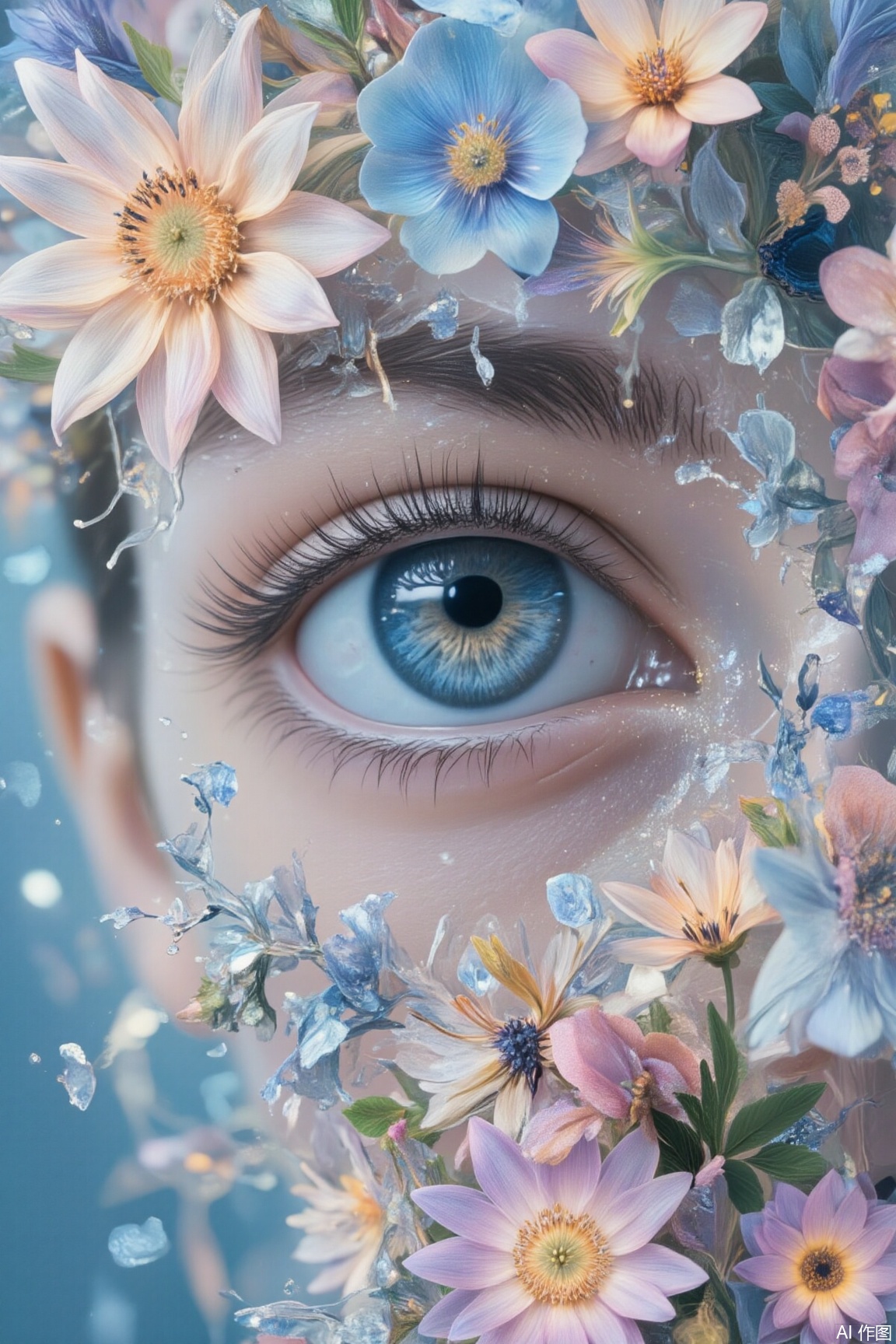 The image depicts a close-up of a human eye surrounded by an intricate arrangement of flowers and plants. The eye is detailed with realistic features, including long eyelashes and a reflective iris. The surrounding floral elements are meticulously drawn, with various types of flowers and leaves intricately interwoven, creating a harmonious blend of nature and human anatomy. The background is a soft gradient of light blue, complementing the eye and flowers, and adding depth to the composition. The overall aesthetic is artistic and serene, with a focus on the delicate balance between the natural and the human.,plbj,color-speckled background,digital-art,double-exposure,jzbj,plns,Crystal,surrealism,portrait
