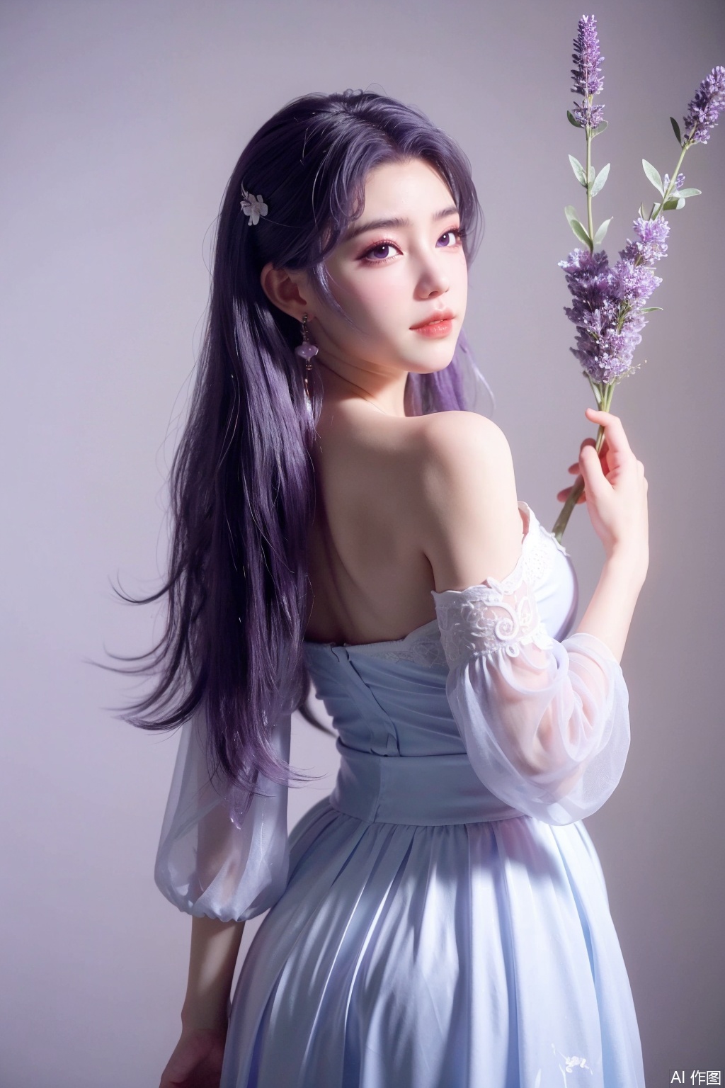 (masterpiece), (ultra-detailed), (best quality), 1girl, solo,  
long straight purple hair, silky texture, curled ends, deep purple eyes,   
lavender cloud cheek mark, soft blush, red-orange lips, amethyst earrings,  
light purple hanfu, sheer chiffon sleeves, wisteria embroidery, silver waist ribbon,   
flowing skirt, holding round fan, elegant pose, looking back over shoulder,  
pastel pink-purple background, falling petals, water reflection, dreamy atmosphere,  
fantasy anime style, luminescent skin, (delicate lighting)  
