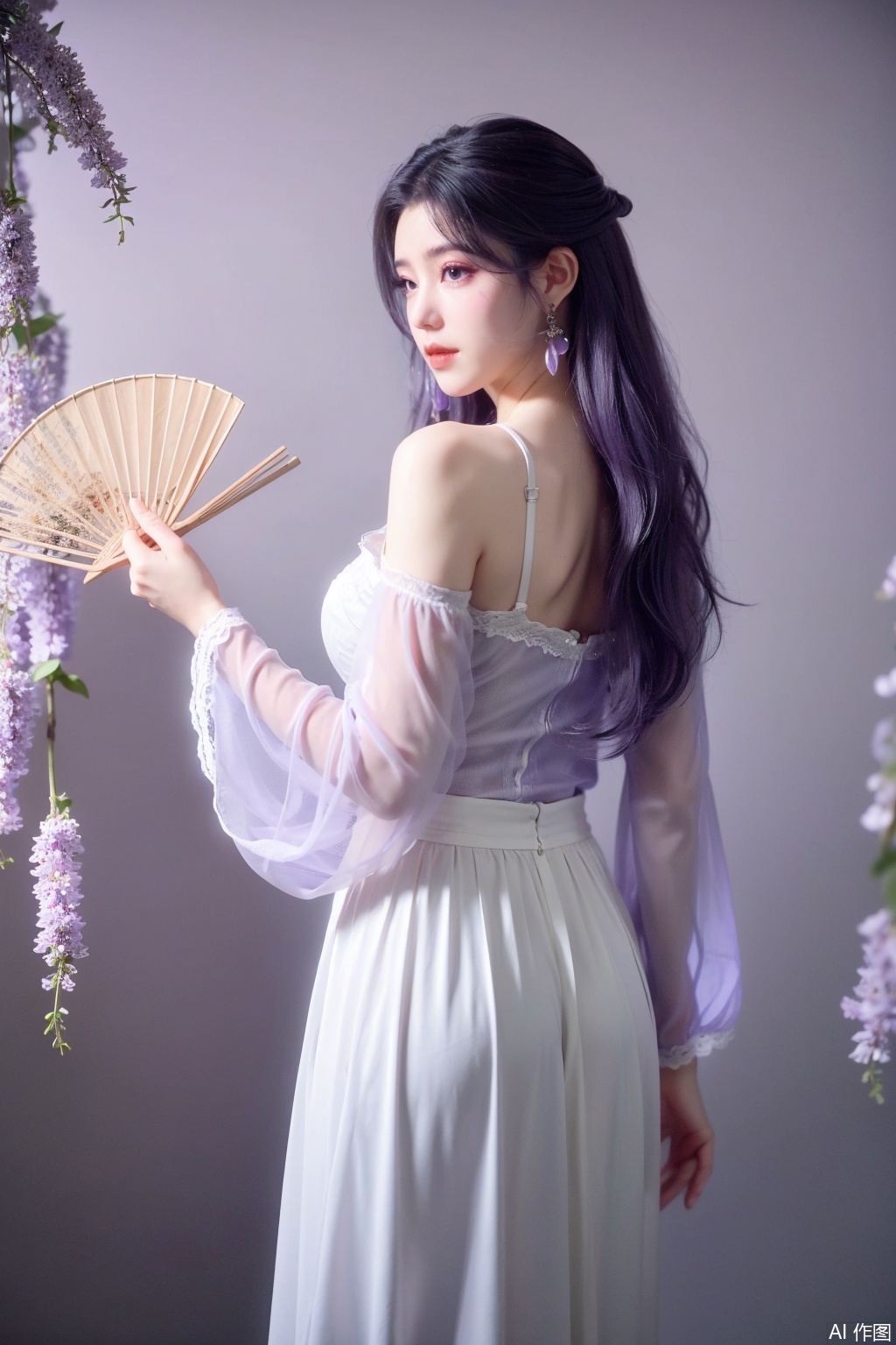 (masterpiece), (ultra-detailed), (best quality), 1girl, solo,  
long straight purple hair, silky texture, curled ends, deep purple eyes,   
lavender cloud cheek mark, soft blush, red-orange lips, amethyst earrings,  
light purple hanfu, sheer chiffon sleeves, wisteria embroidery, silver waist ribbon,   
flowing skirt, holding round fan, elegant pose, looking back over shoulder,  
pastel pink-purple background, falling petals, water reflection, dreamy atmosphere,  
fantasy anime style, luminescent skin, (delicate lighting)  

